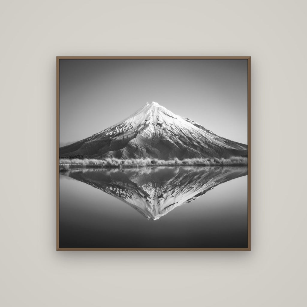 The Point, Mount Taranaki, Basel Walnut, 100×100 cm. New Zealand fine art wall art by Stephen Milner.
