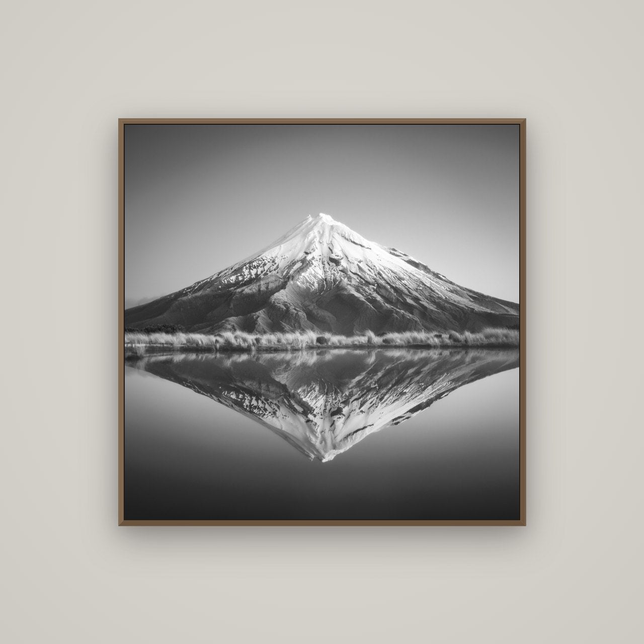 The Point, Mount Taranaki, Basel Walnut, 100×100 cm. New Zealand fine art wall art by Stephen Milner.