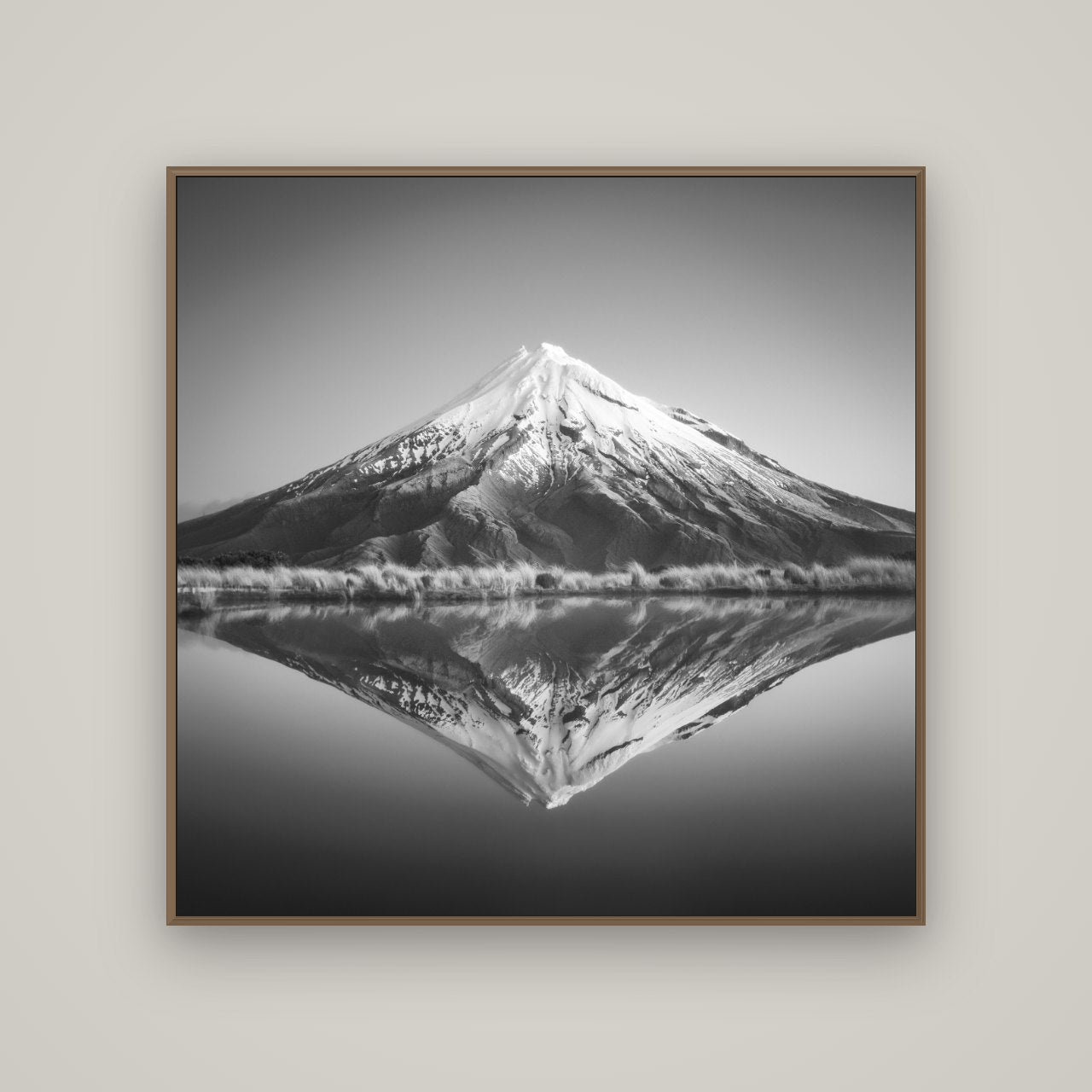 The Point, Mount Taranaki, Basel Walnut, 120×120 cm. New Zealand fine art wall art by Stephen Milner.