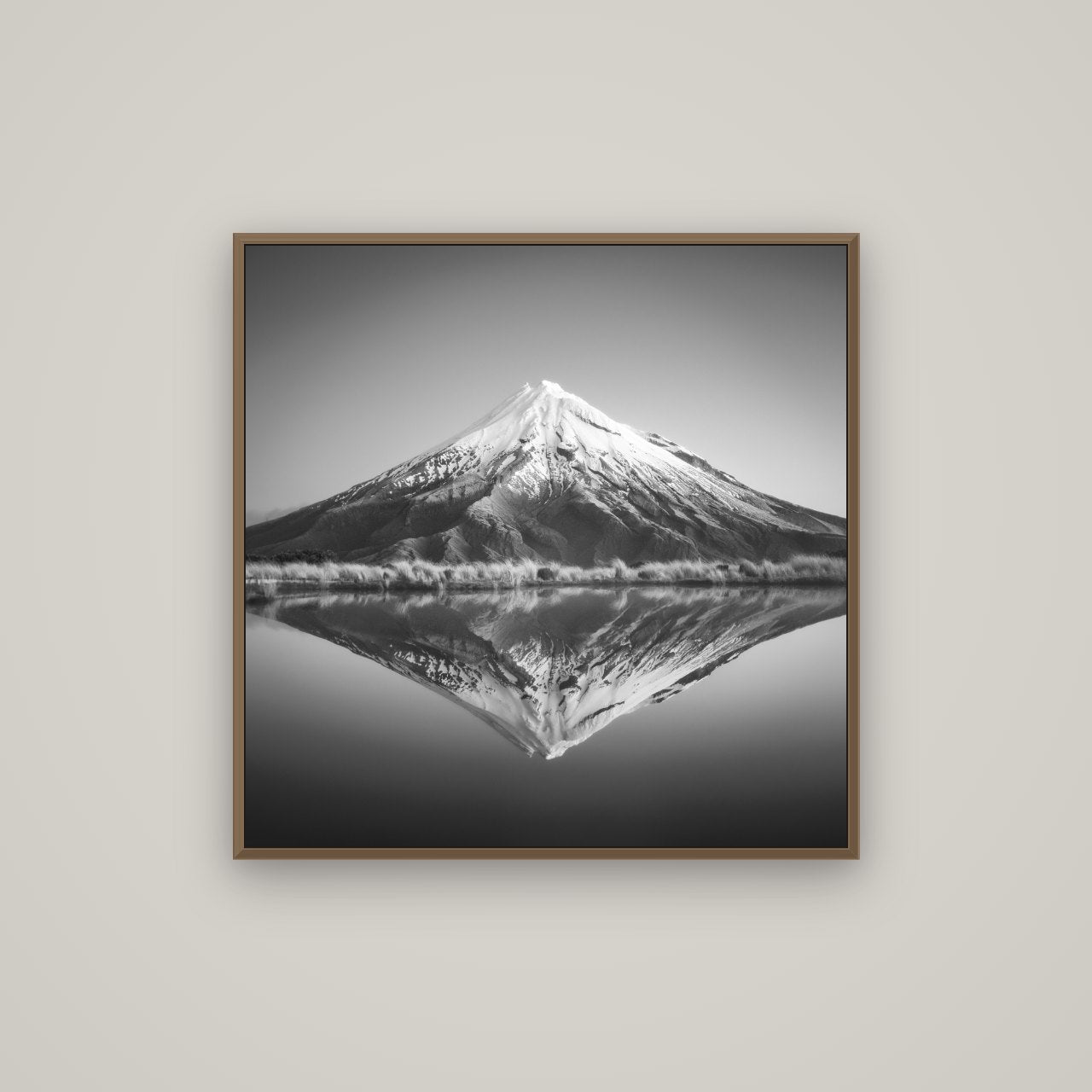 The Point, Mount Taranaki, Basel Walnut, 80×80 cm. New Zealand fine art wall art by Stephen Milner.