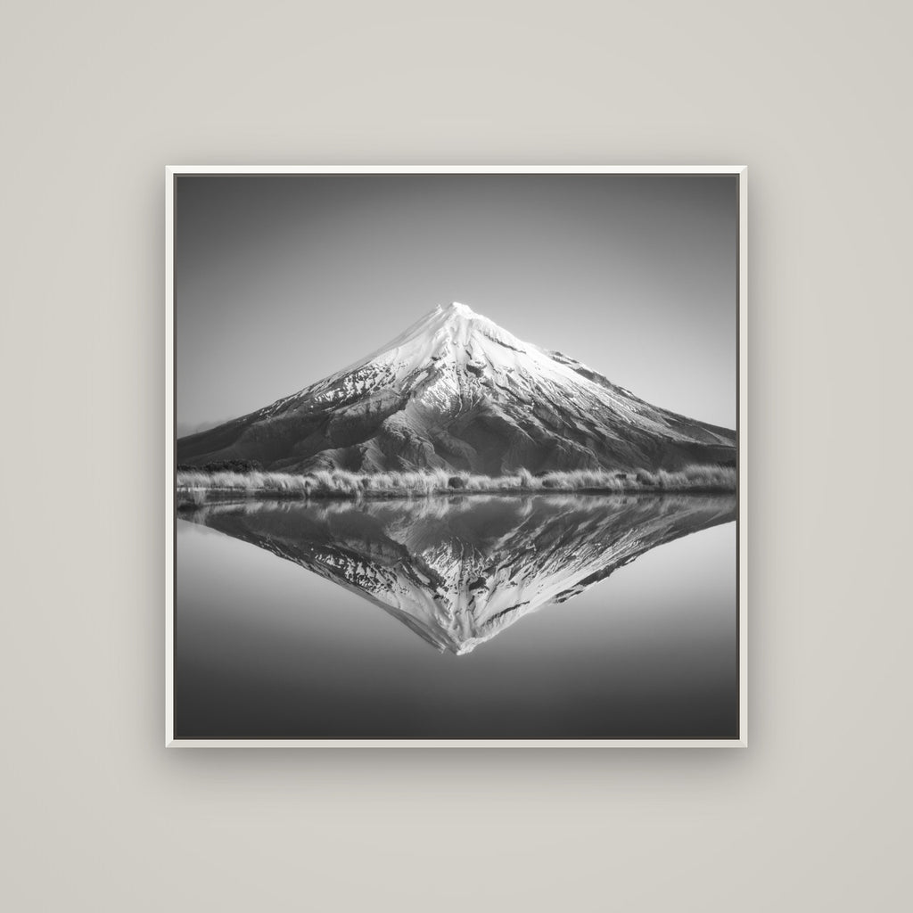 The Point, Mount Taranaki — Basel White, 100×100 cm. New Zealand fine art wall art by Stephen Milner.