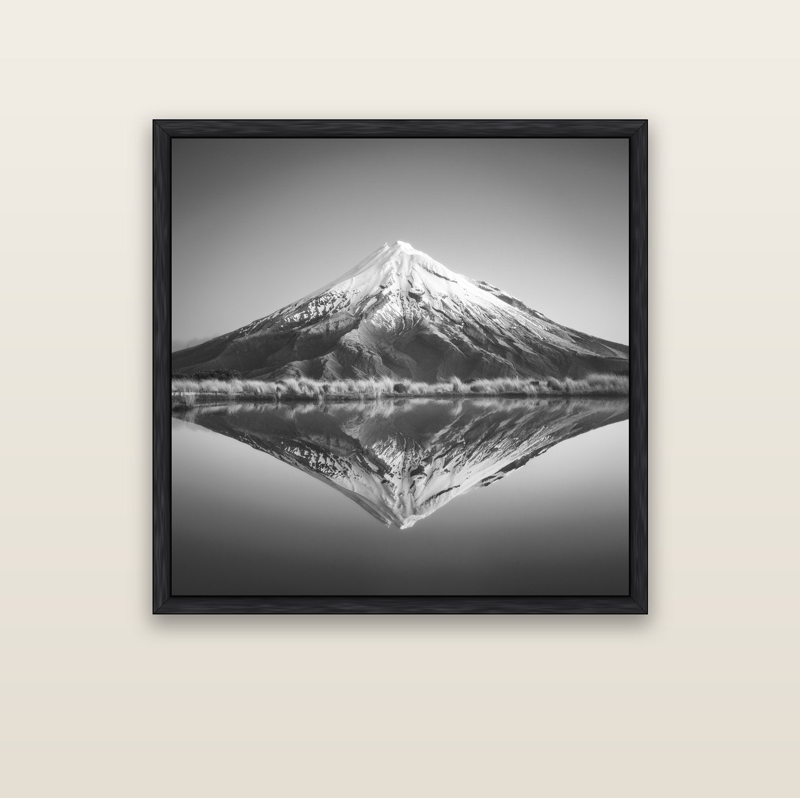 The Point, Mount Taranaki — black float frame canvas, 102 × 102 cm. New Zealand fine art landscape wall art by Stephen Milner.