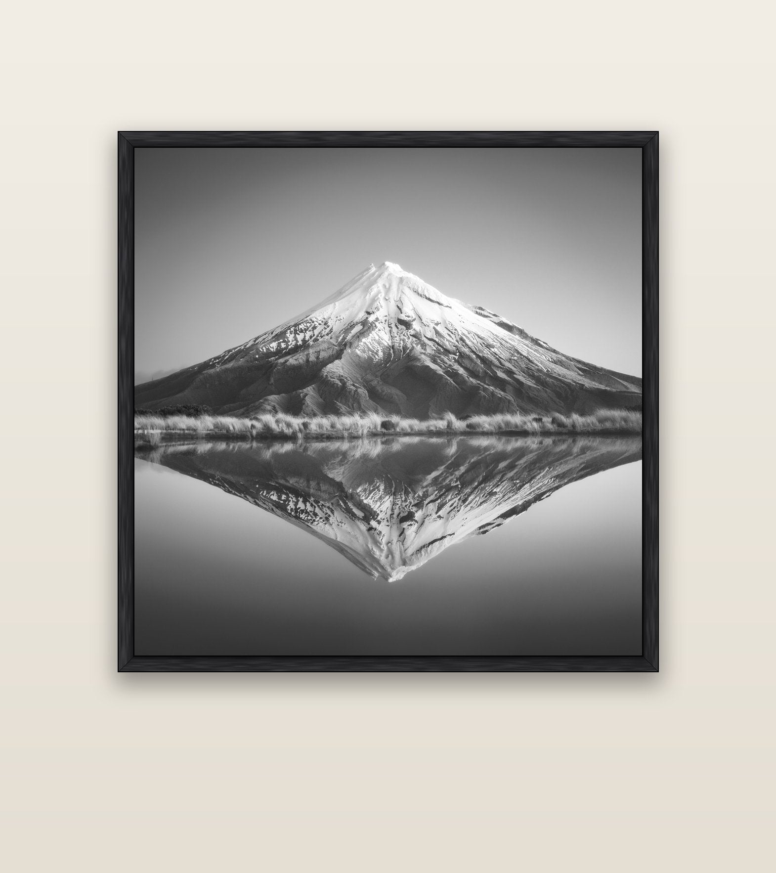 The Point, Mount Taranaki — black float frame canvas, 127 × 127 cm. New Zealand fine art landscape wall art by Stephen Milner.