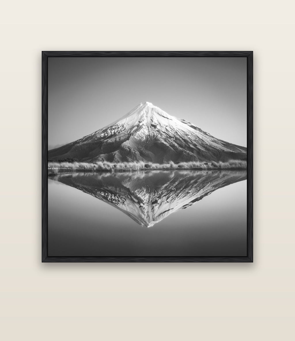 The Point, Mount Taranaki — black float frame canvas, 133 × 133 cm. New Zealand fine art landscape wall art by Stephen Milner.