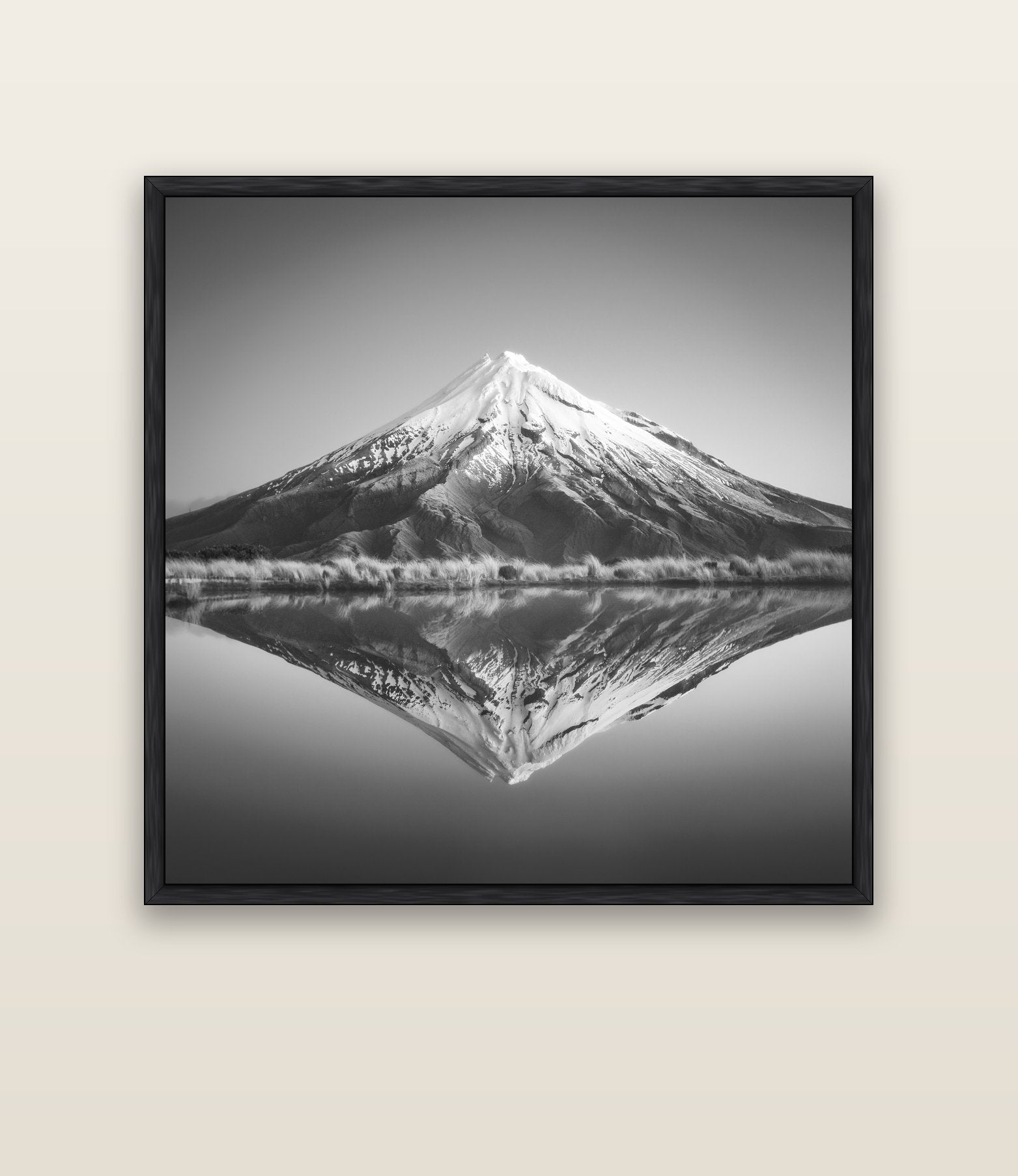 The Point, Mount Taranaki — black float frame canvas, 133 × 133 cm. New Zealand fine art landscape wall art by Stephen Milner.