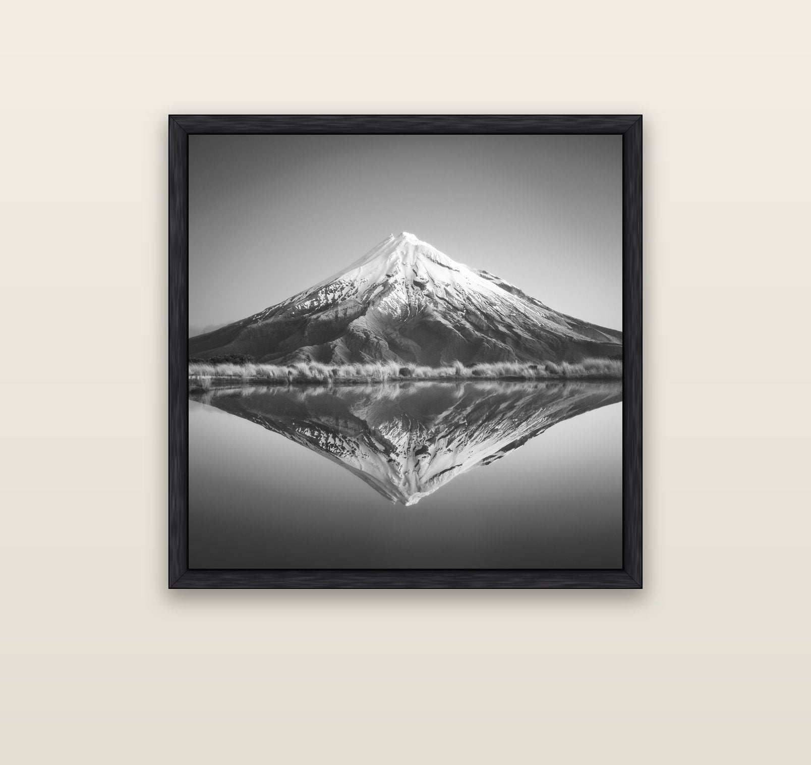 The Point, Mount Taranaki — black float frame canvas, 91 × 91 cm. New Zealand fine art landscape wall art by Stephen Milner.