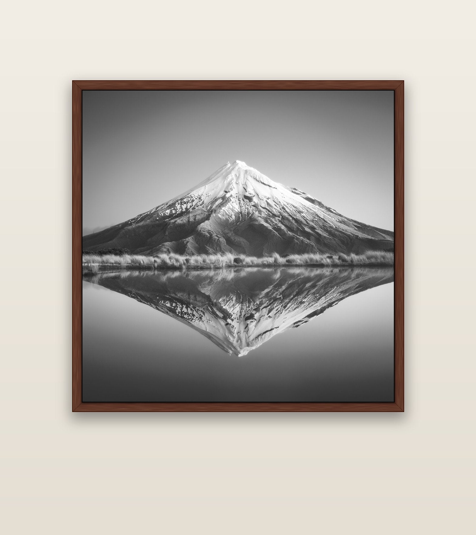 The Point, Mount Taranaki — brown float frame canvas, 127 × 127 cm. New Zealand fine art landscape wall art by Stephen Milner.