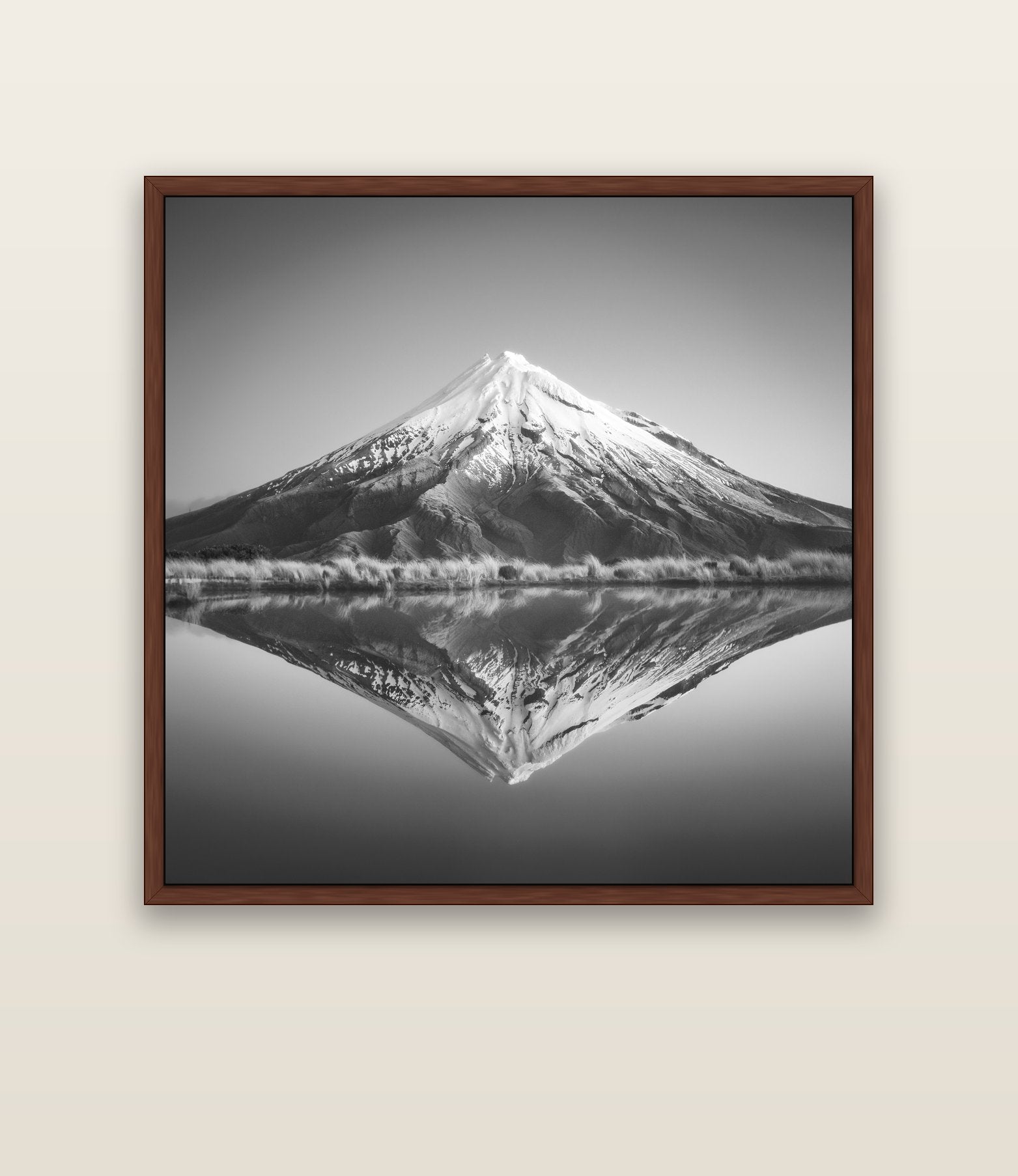 The Point, Mount Taranaki — brown float frame canvas, 133 × 133 cm. New Zealand fine art landscape wall art by Stephen Milner.