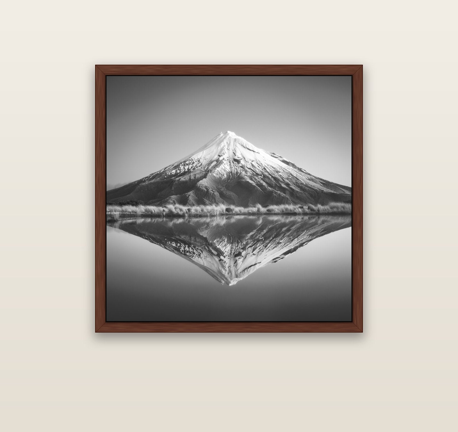 The Point, Mount Taranaki — brown float frame canvas, 91 × 91 cm. New Zealand fine art landscape wall art by Stephen Milner.