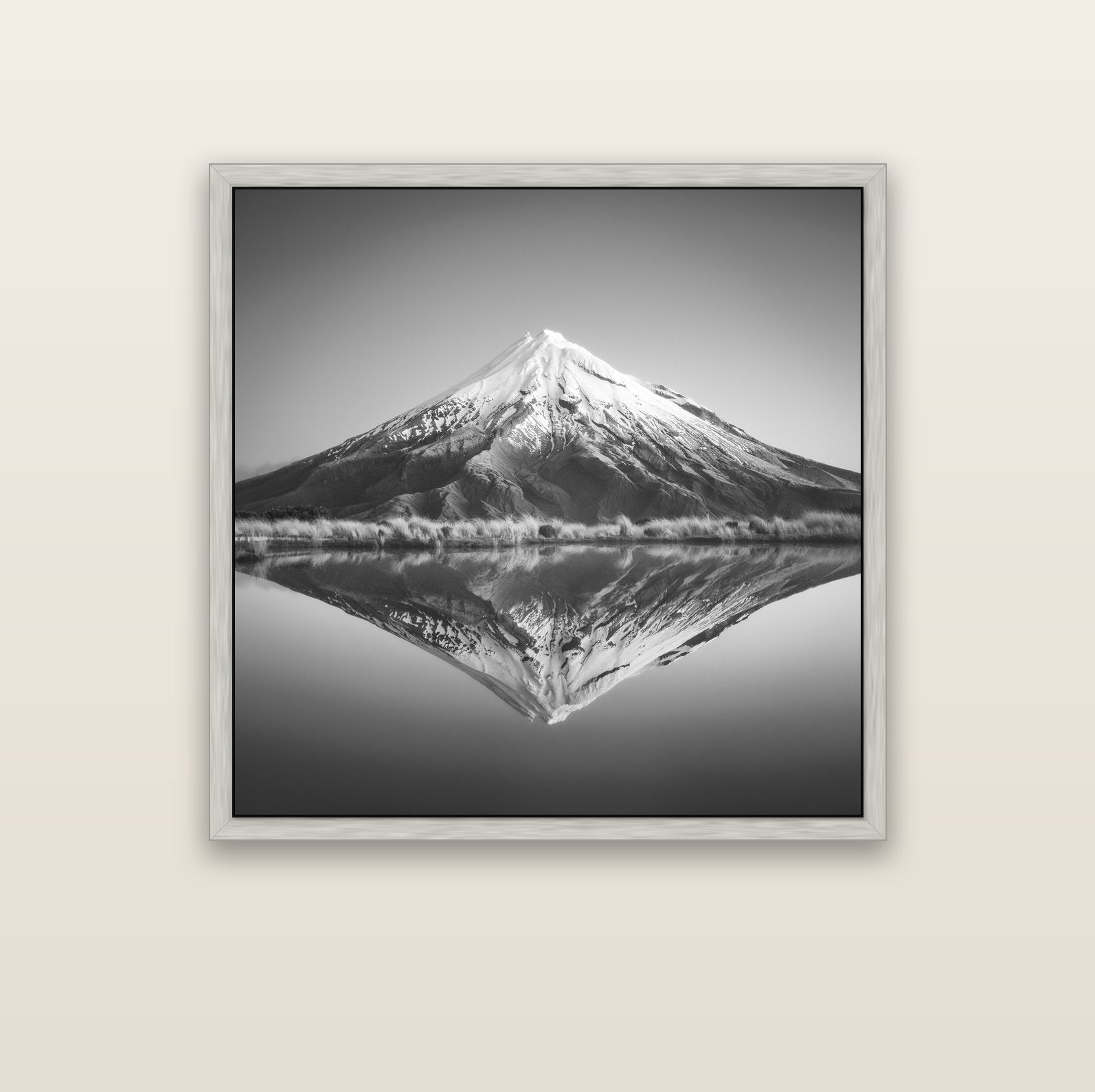 The Point, Mount Taranaki — silver float frame canvas, 102 × 102 cm. New Zealand fine art landscape wall art by Stephen Milner.