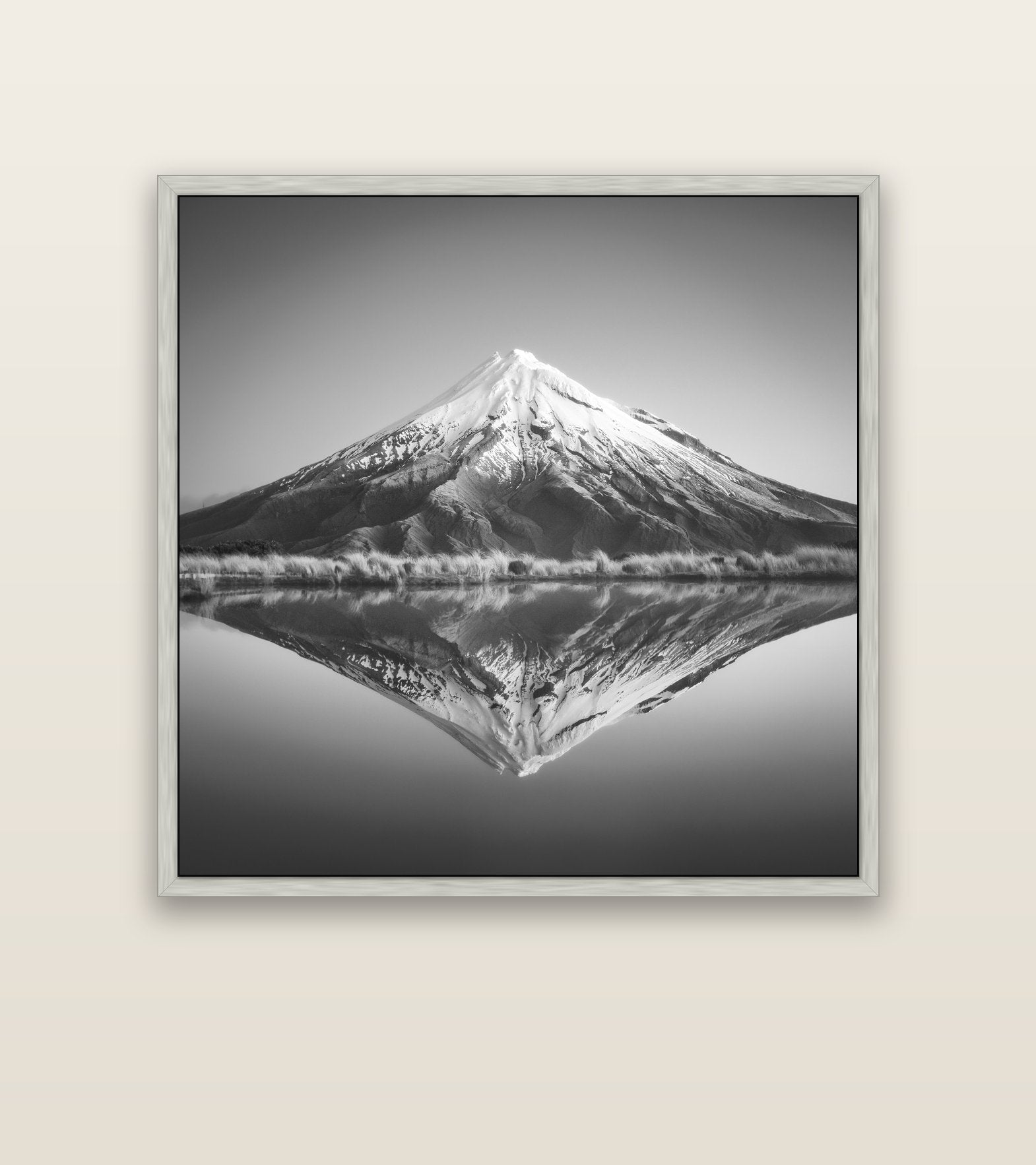 The Point, Mount Taranaki — silver float frame canvas, 127 × 127 cm. New Zealand fine art landscape wall art by Stephen Milner.