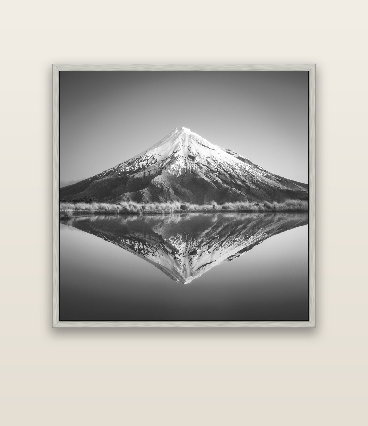 The Point, Mount Taranaki — silver float frame canvas, 133 × 133 cm. New Zealand fine art landscape wall art by Stephen Milner.