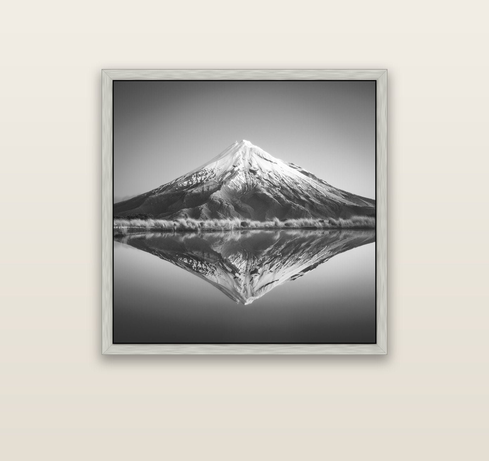 The Point, Mount Taranaki — silver float frame canvas, 91 × 91 cm. New Zealand fine art landscape wall art by Stephen Milner.