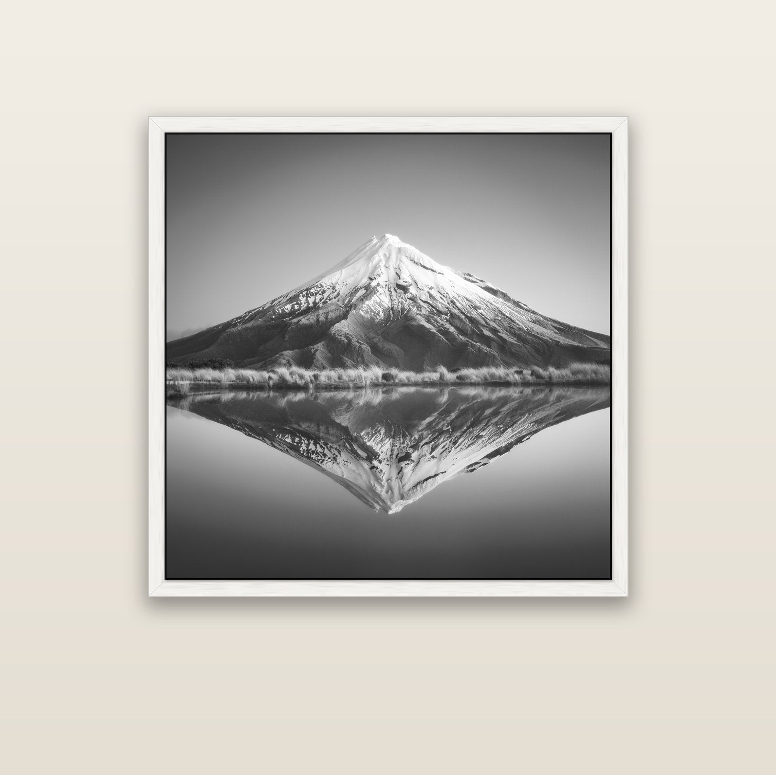 The Point, Mount Taranaki — white float frame canvas, 102 × 102 cm. New Zealand fine art landscape wall art by Stephen Milner.