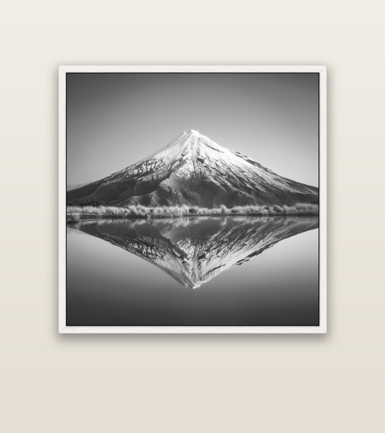 The Point, Mount Taranaki — white float frame canvas, 127 × 127 cm. New Zealand fine art landscape wall art by Stephen Milner.