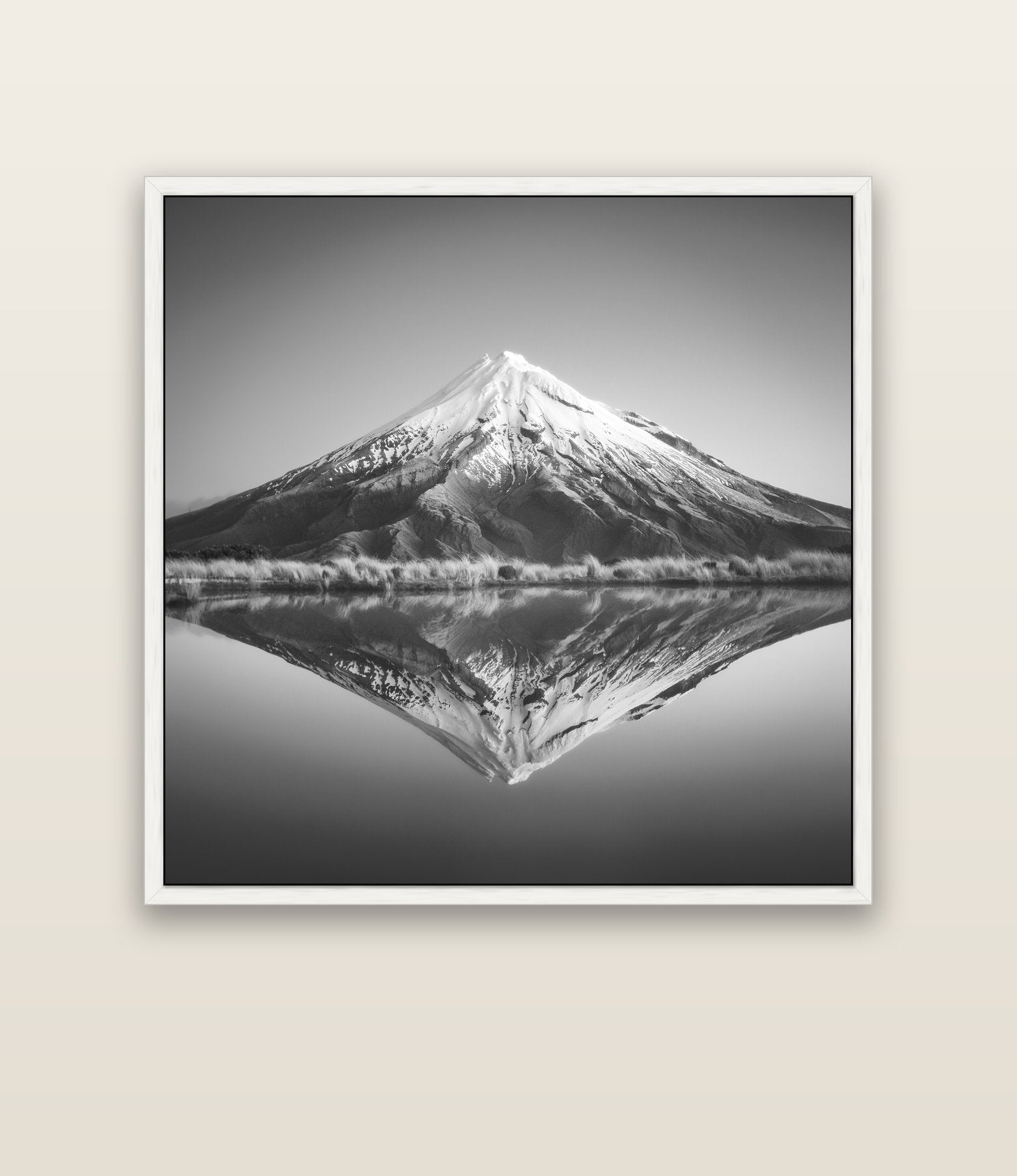 The Point, Mount Taranaki — white float frame canvas, 133 × 133 cm. New Zealand fine art landscape wall art by Stephen Milner.