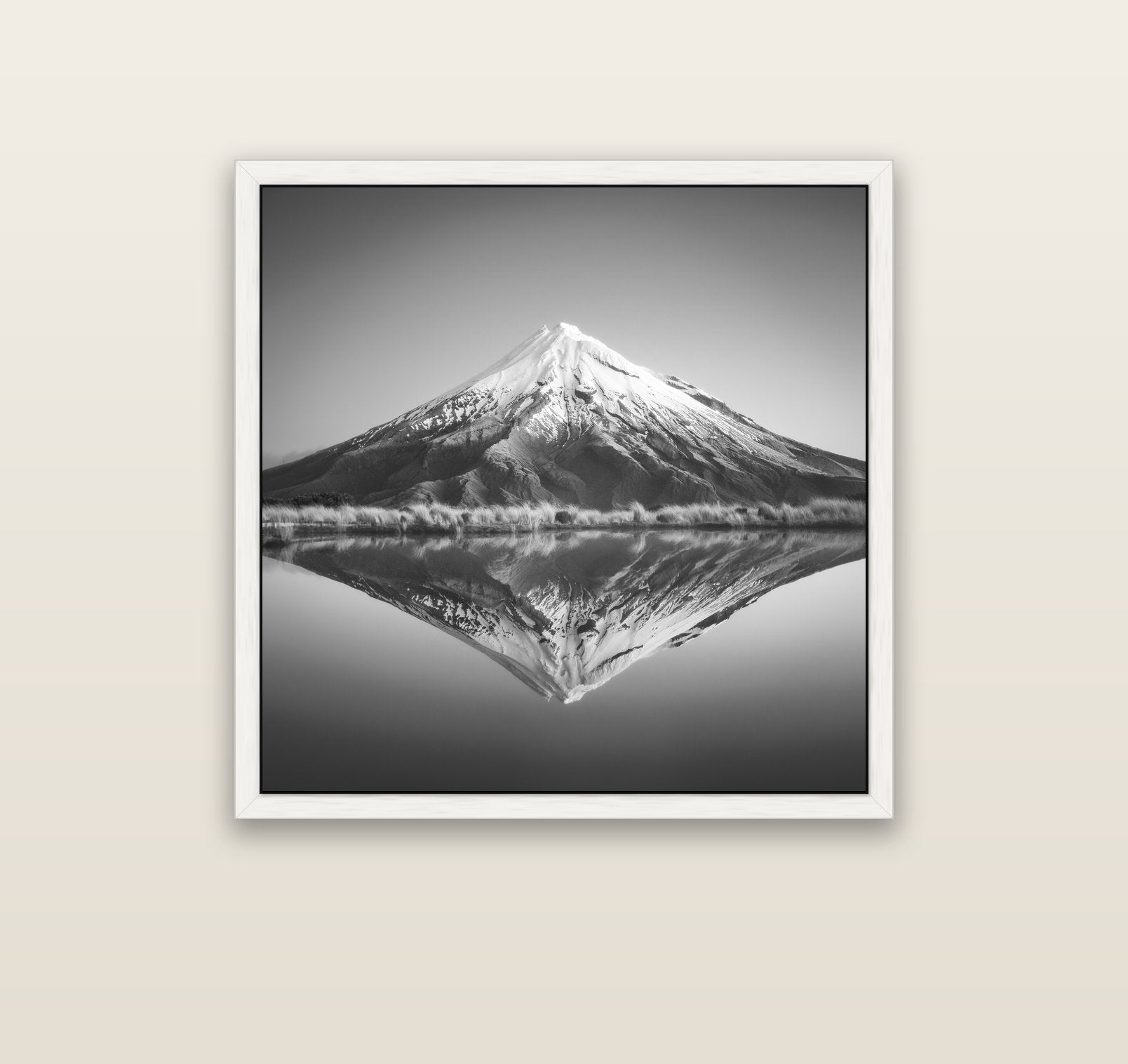 The Point, Mount Taranaki — white float frame canvas, 91 × 91 cm. New Zealand fine art landscape wall art by Stephen Milner.
