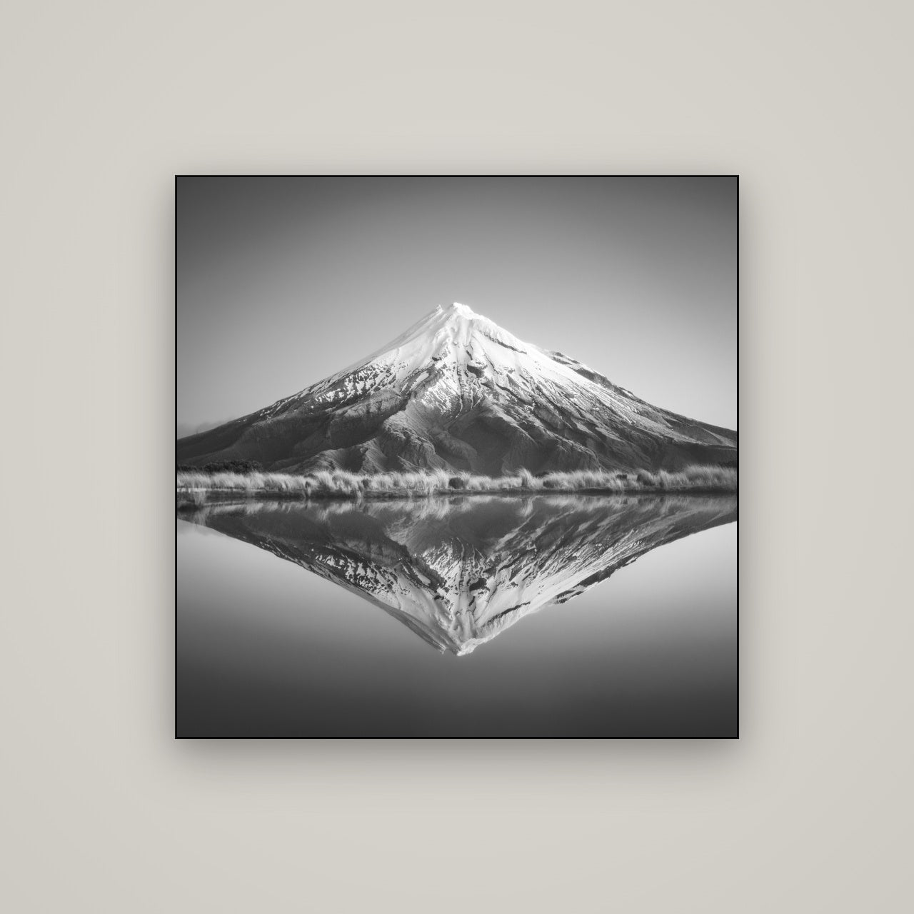 The Point, Mount Taranaki — Slimline Black, 100×100 cm. New Zealand fine art wall art by Stephen Milner.