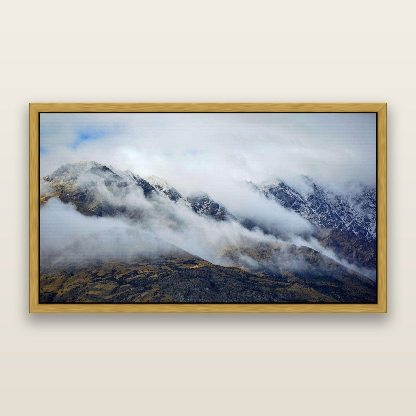 The Remarkables, Queenstown — framed metallic canvas print, Antique Gold frame. New Zealand fine art landscape wall art by Stephen Milner.