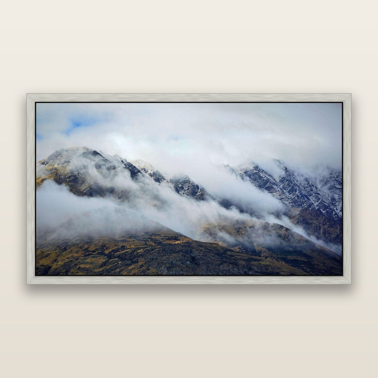 The Remarkables, Queenstown — framed metallic canvas print, Antique Silver frame. New Zealand fine art landscape wall art by Stephen Milner.
