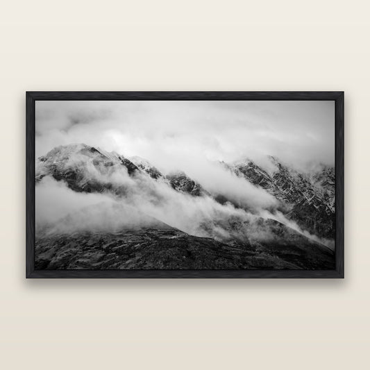 The Remarkables, Queenstown, black and white framed metallic canvas print, Black frame. New Zealand fine art wall art by Stephen Milner.