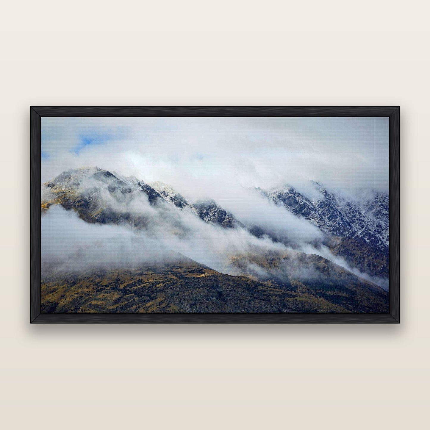 The Remarkables, Queenstown — framed metallic canvas print, Black frame. New Zealand fine art landscape wall art by Stephen Milner.
