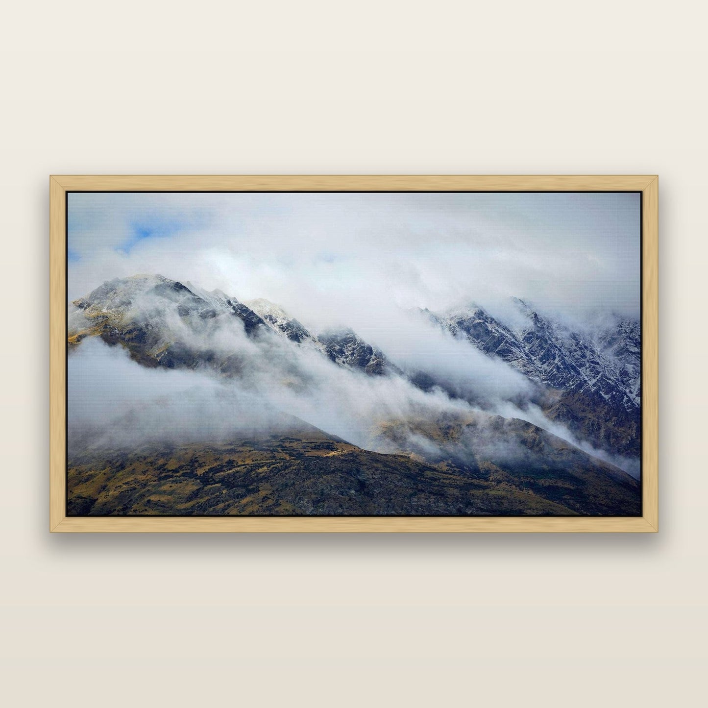 The Remarkables, Queenstown — framed metallic canvas print, Natural frame. New Zealand fine art landscape wall art by Stephen Milner.