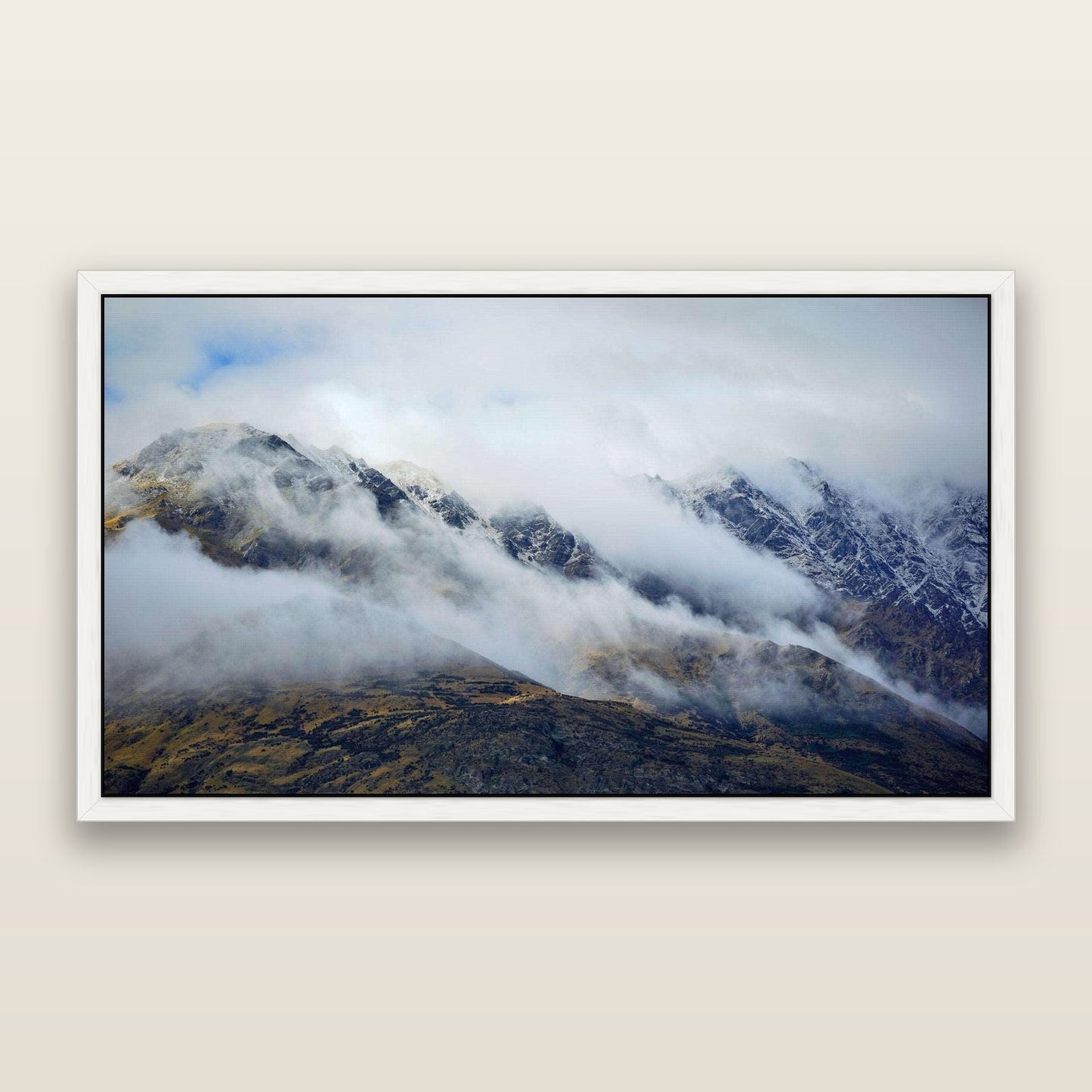 The Remarkables, Queenstown — framed metallic canvas print, White frame. New Zealand fine art landscape wall art by Stephen Milner.