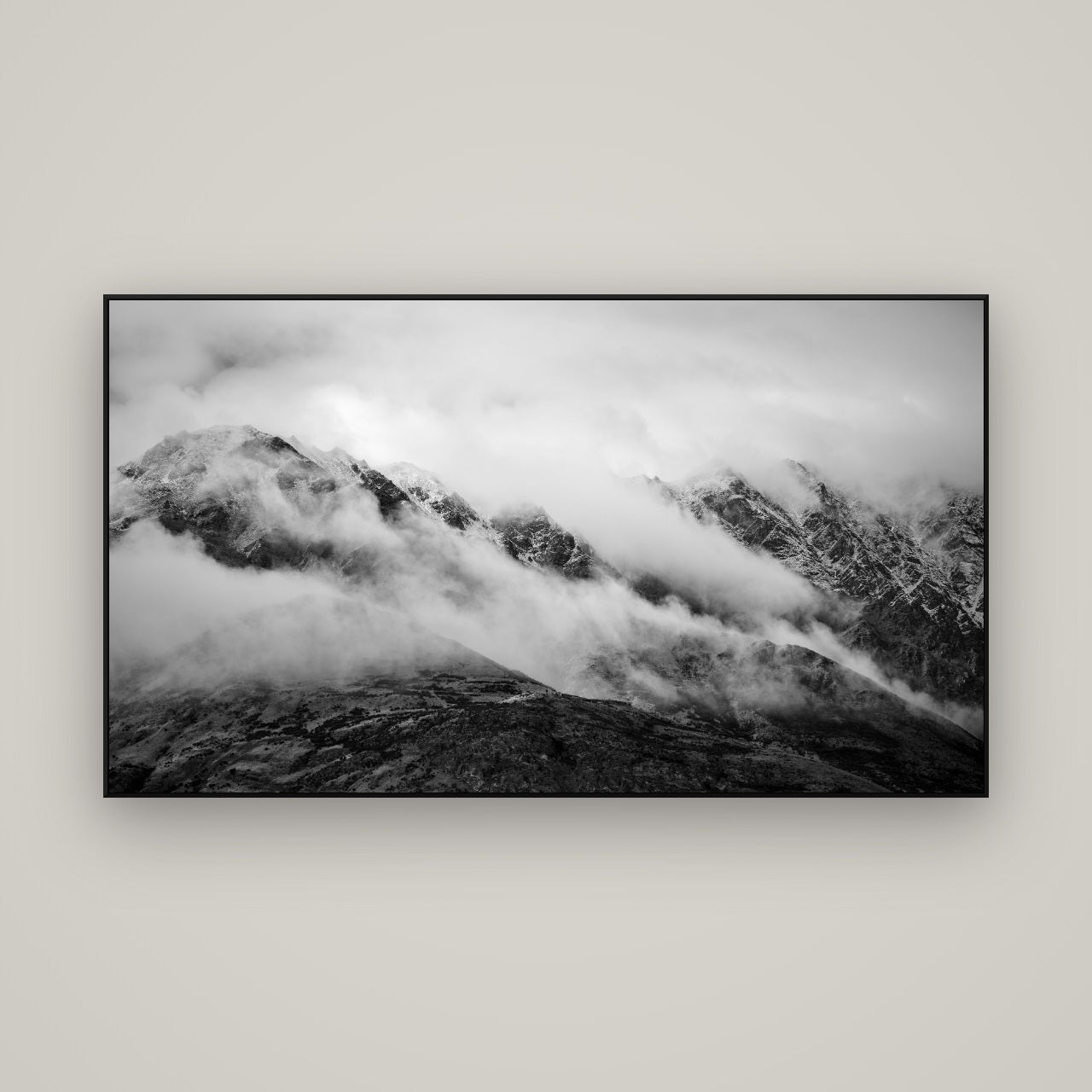 The Remarkables, Queenstown — ArtBox Black, 160×90 cm. New Zealand fine art wall art by Stephen Milner.