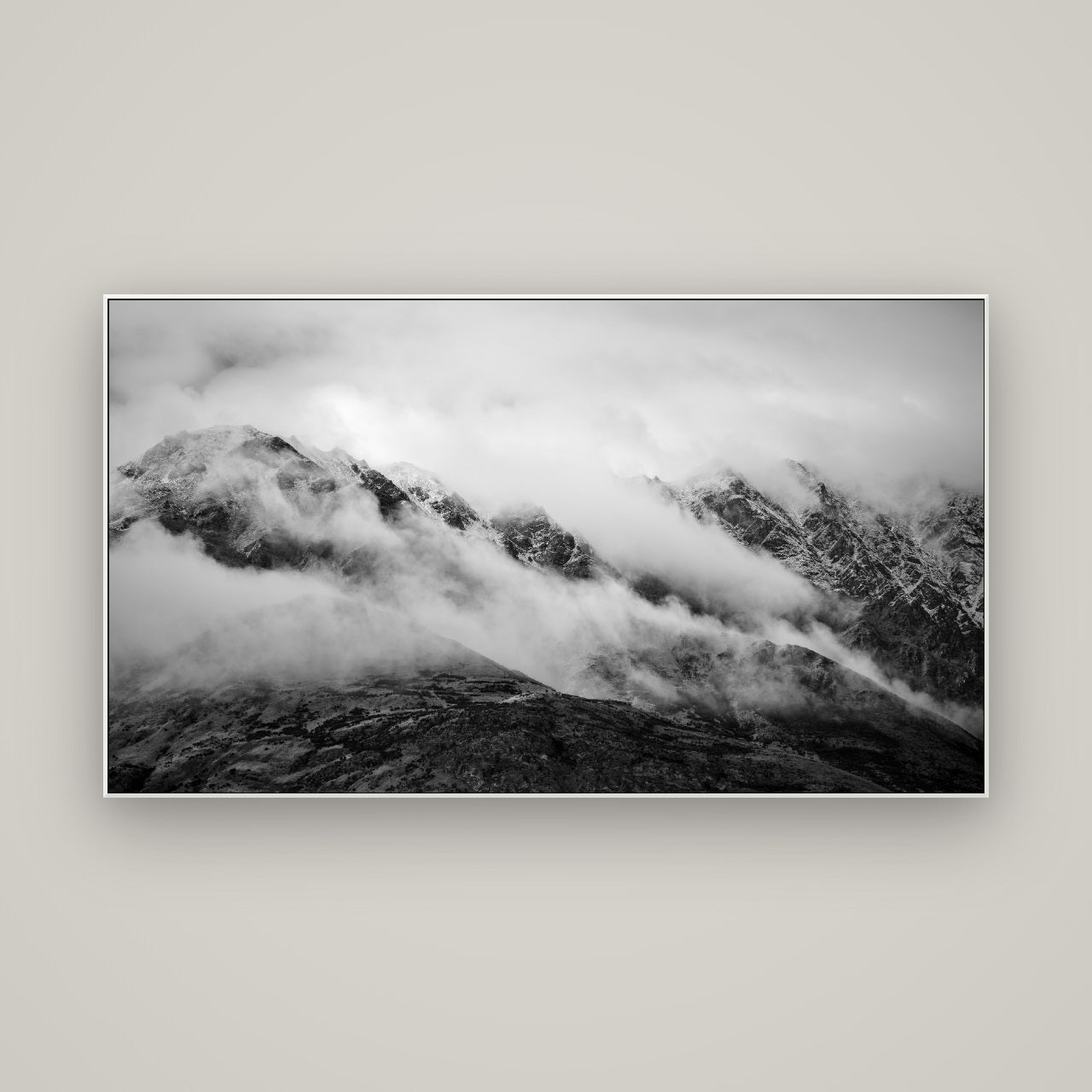 The Remarkables, Queenstown — ArtBox White, 160×90 cm. New Zealand fine art wall art by Stephen Milner.