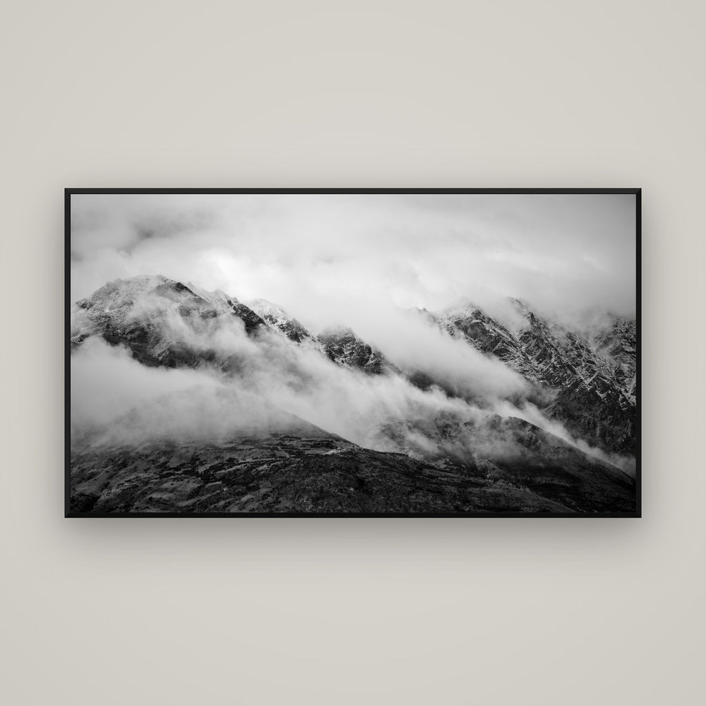 The Remarkables, Queenstown — Basel Black Matte, 160×90 cm. New Zealand fine art wall art by Stephen Milner.