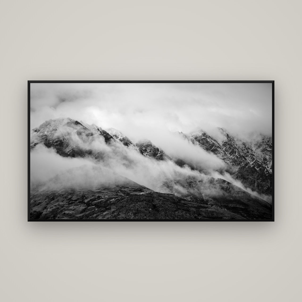The Remarkables, Queenstown — Basel Black, 160×90 cm. New Zealand fine art wall art by Stephen Milner.