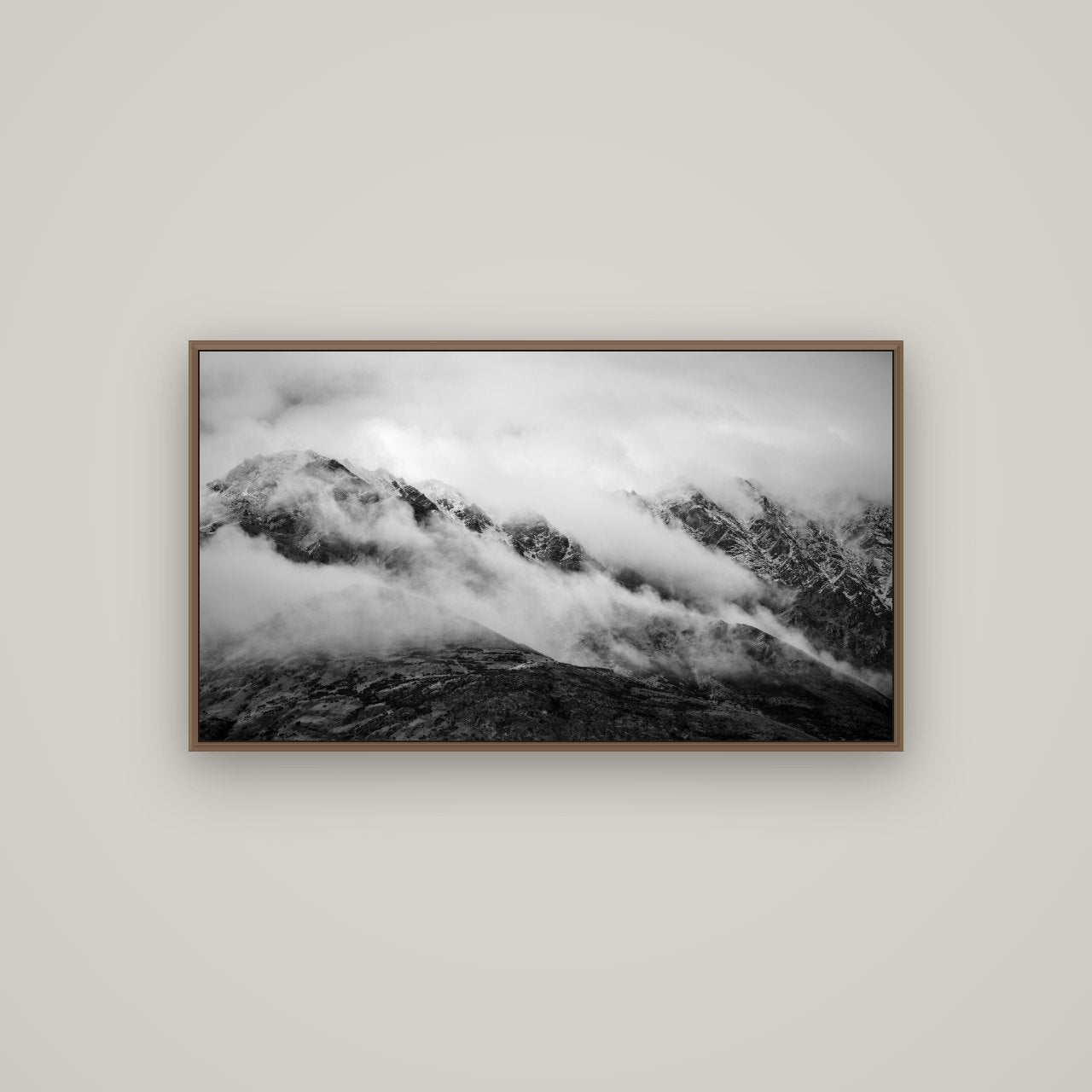 The Remarkables, Queenstown, Basel Walnut, 107×60 cm. New Zealand fine art wall art by Stephen Milner.