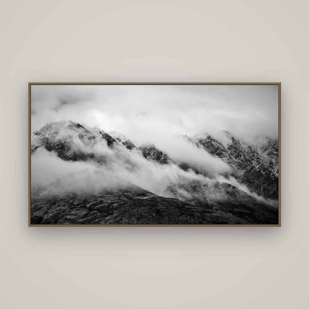 The Remarkables, Queenstown, Basel Walnut, 160×90 cm. New Zealand fine art wall art by Stephen Milner.