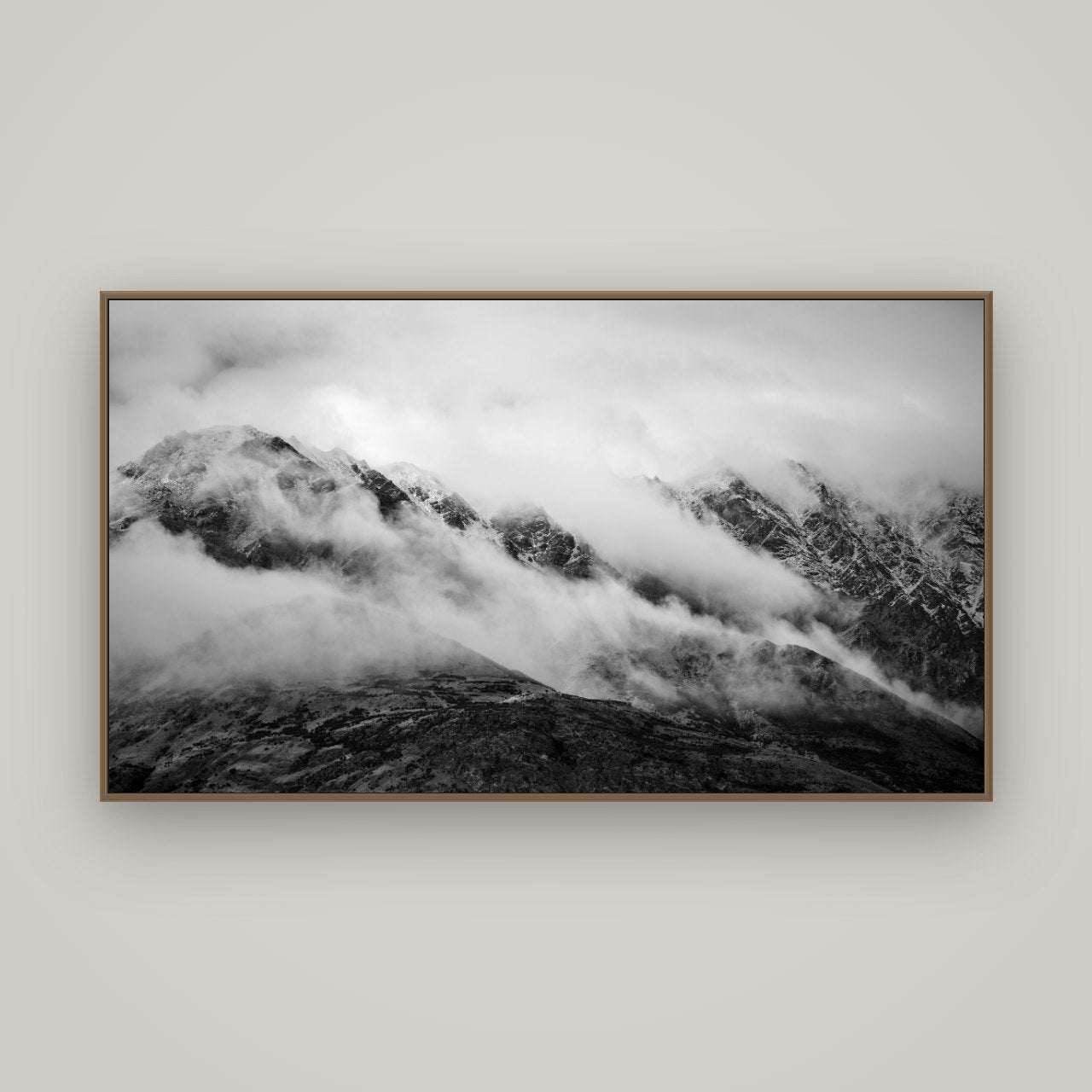 The Remarkables, Queenstown, Basel Walnut, 160×90 cm. New Zealand fine art wall art by Stephen Milner.