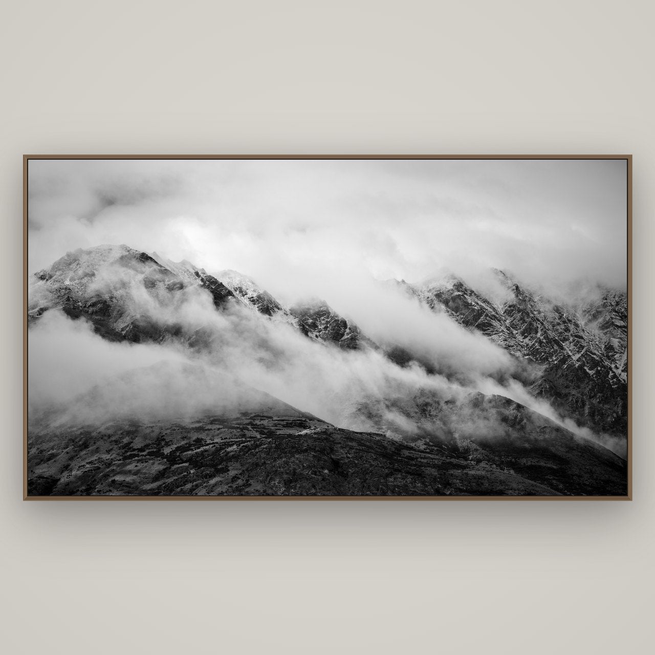 The Remarkables, Queenstown, Basel Walnut, 196×110 cm. New Zealand fine art wall art by Stephen Milner.