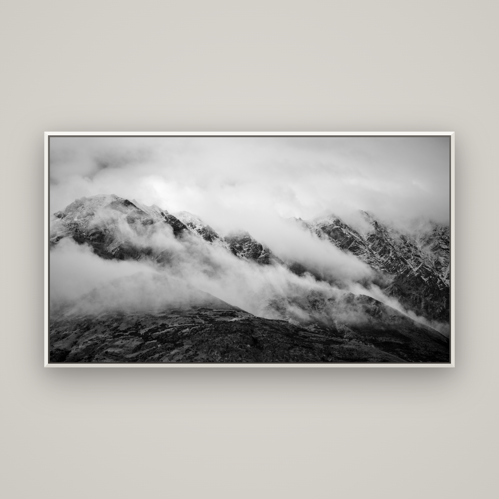 The Remarkables, Queenstown — Basel White, 160×90 cm. New Zealand fine art wall art by Stephen Milner.