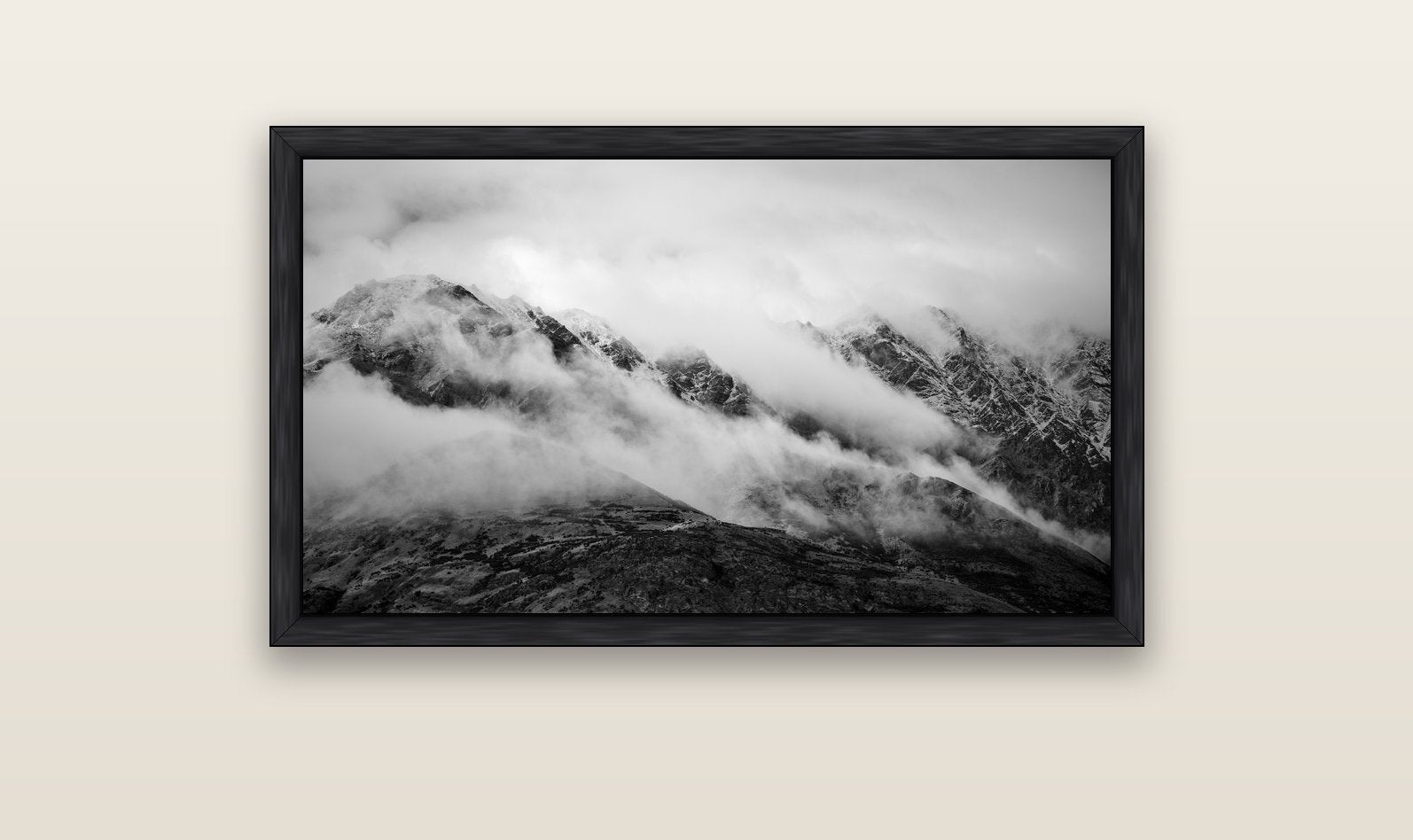 The Remarkables, Queenstown — black float frame canvas, 102 × 56 cm. New Zealand fine art landscape wall art by Stephen Milner.