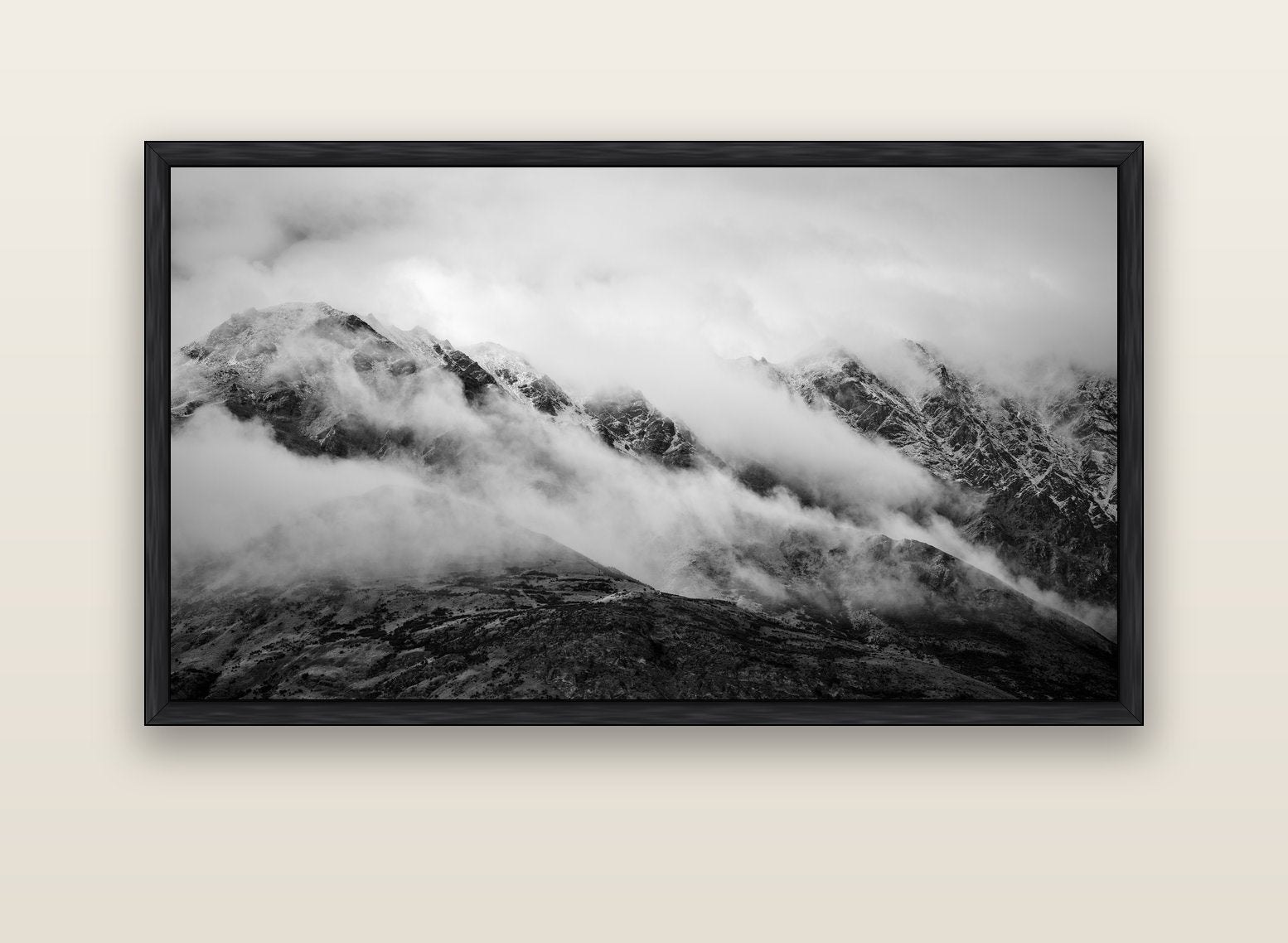 The Remarkables, Queenstown — black float frame canvas, 152 × 86 cm. New Zealand fine art landscape wall art by Stephen Milner.