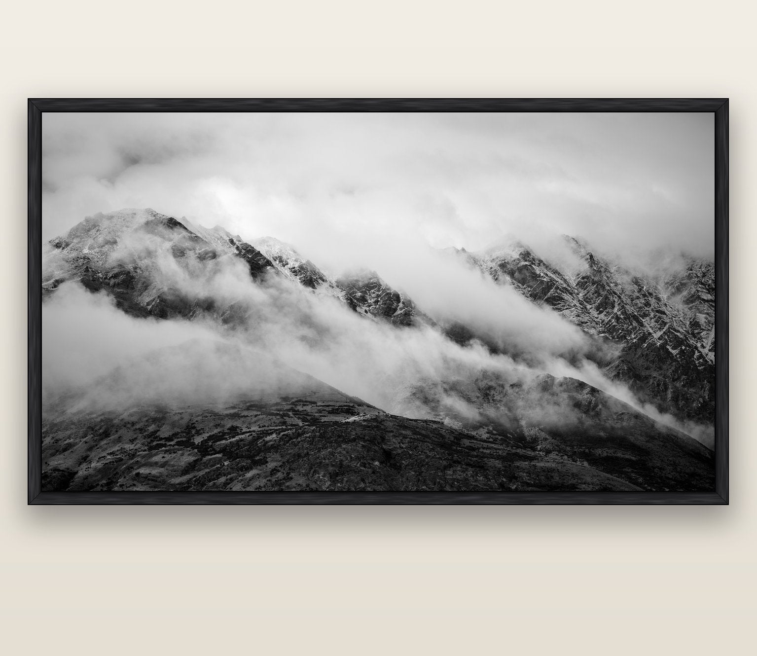 The Remarkables, Queenstown — black float frame canvas, 200 × 130 cm. New Zealand fine art landscape wall art by Stephen Milner.