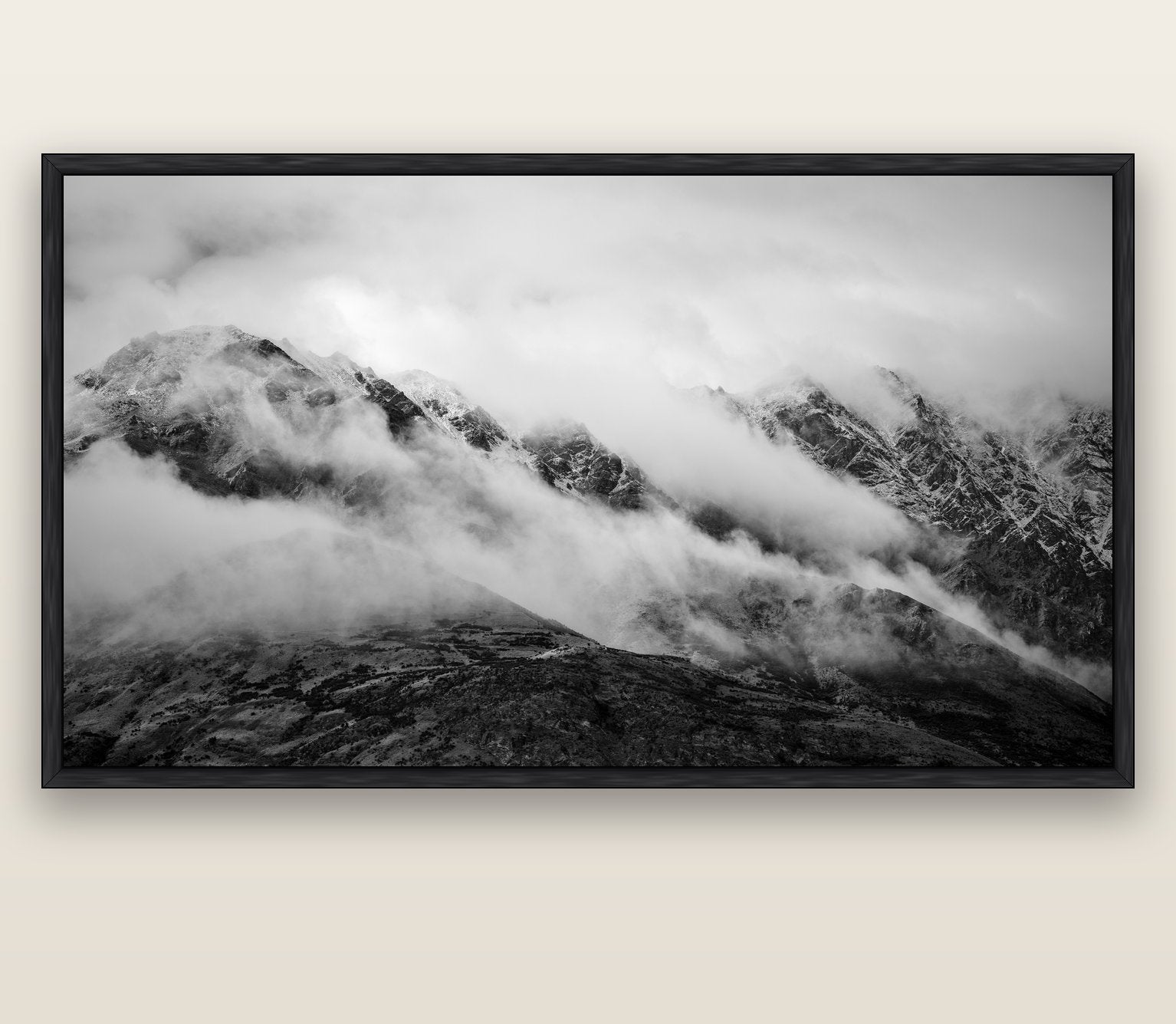 The Remarkables, Queenstown — black float frame canvas, 201 × 99 cm. New Zealand fine art landscape wall art by Stephen Milner.