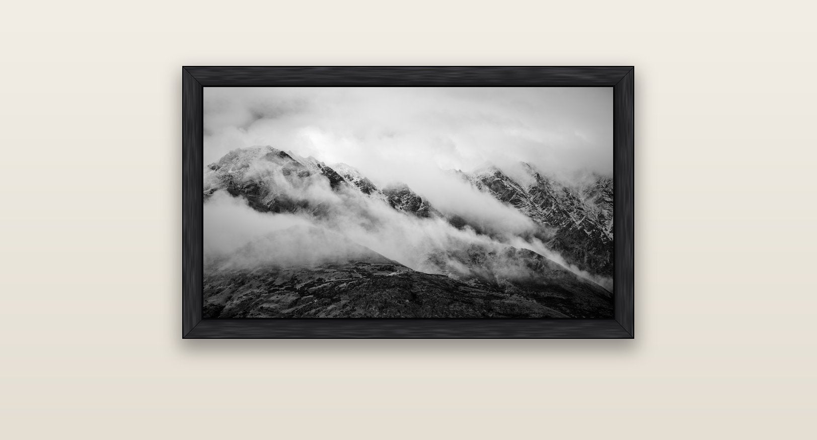The Remarkables, Queenstown — black float frame canvas, 81 × 46 cm. New Zealand fine art landscape wall art by Stephen Milner.