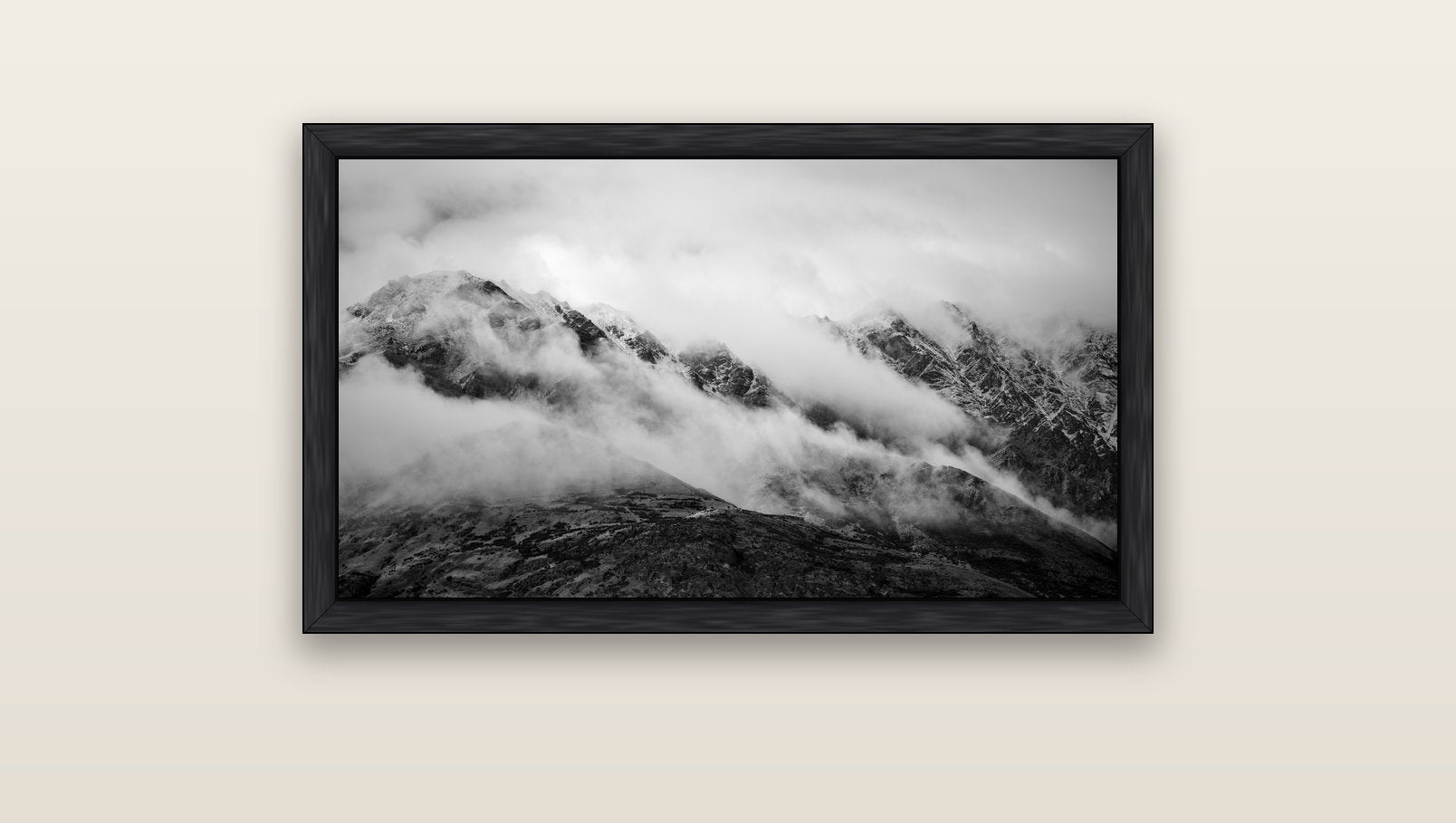 The Remarkables, Queenstown — black float frame canvas, 91 × 51 cm. New Zealand fine art landscape wall art by Stephen Milner.