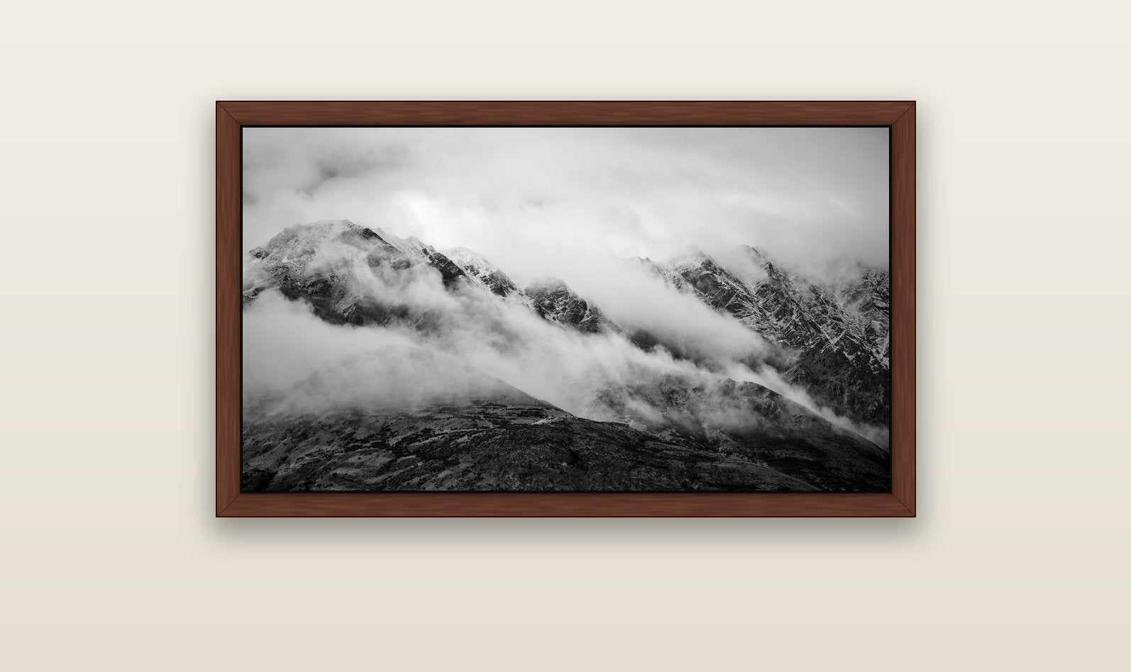The Remarkables, Queenstown — brown float frame canvas, 102 × 56 cm. New Zealand fine art landscape wall art by Stephen Milner.