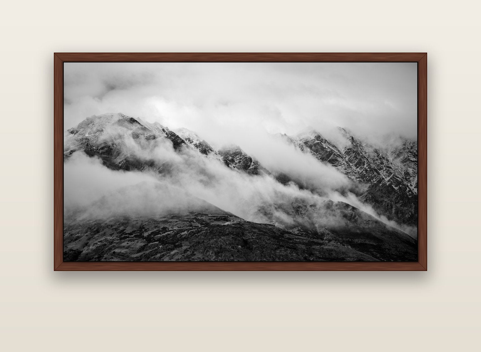 The Remarkables, Queenstown — brown float frame canvas, 152 × 86 cm. New Zealand fine art landscape wall art by Stephen Milner.