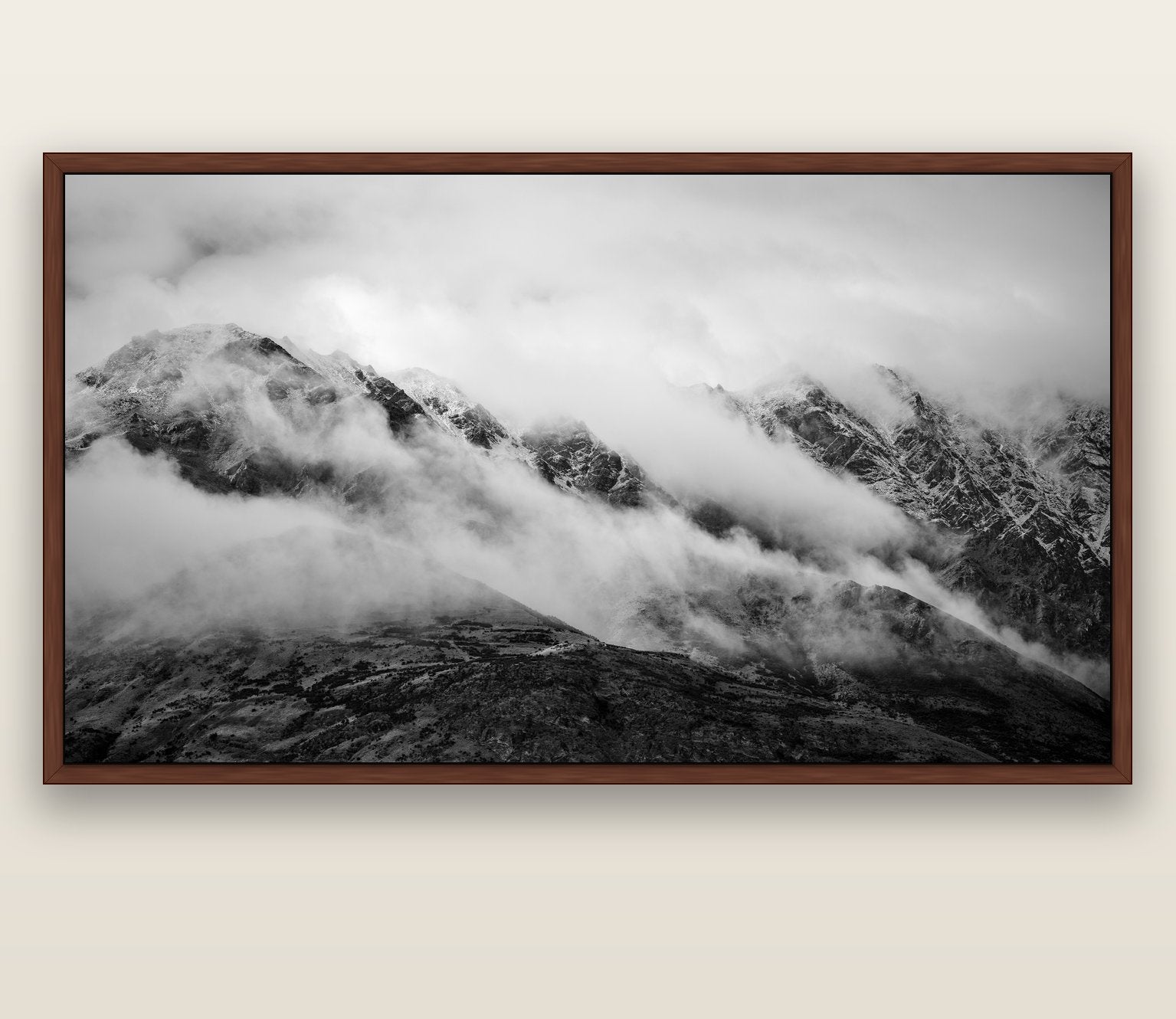 The Remarkables, Queenstown — brown float frame canvas, 200 × 130 cm. New Zealand fine art landscape wall art by Stephen Milner.