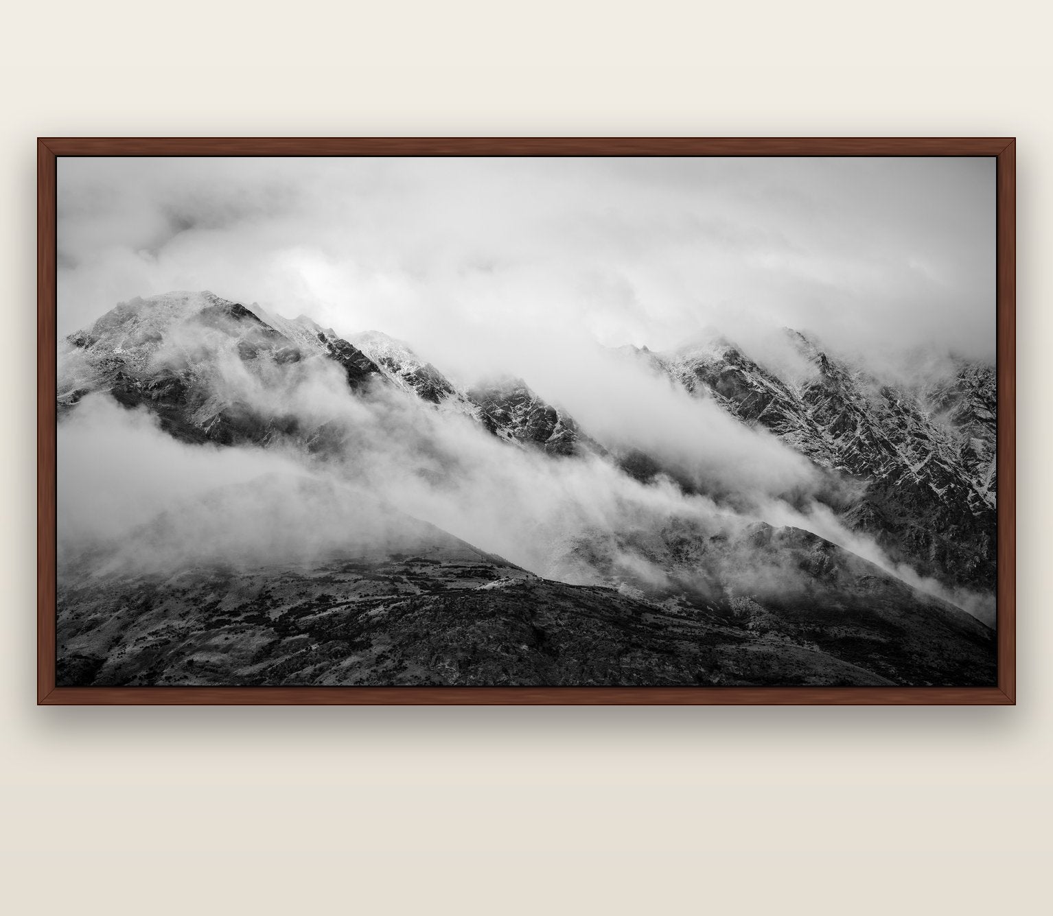 The Remarkables, Queenstown — brown float frame canvas, 201 × 99 cm. New Zealand fine art landscape wall art by Stephen Milner.