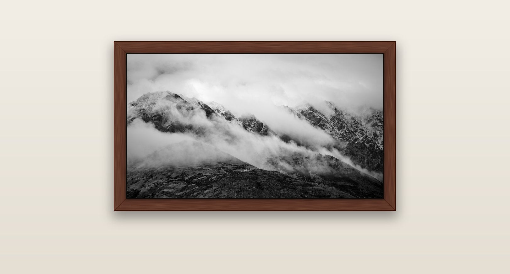The Remarkables, Queenstown — brown float frame canvas, 81 × 46 cm. New Zealand fine art landscape wall art by Stephen Milner.