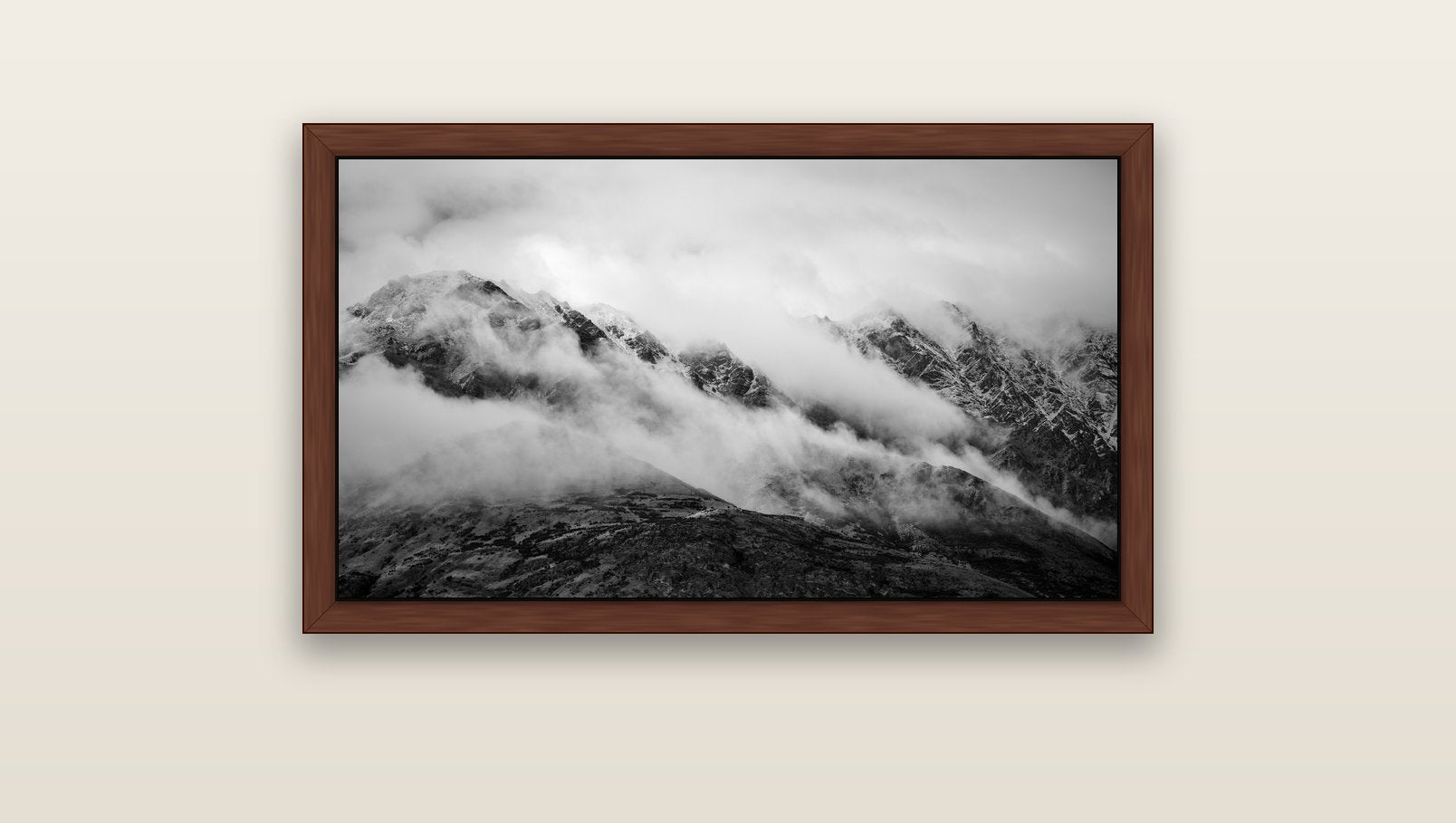 The Remarkables, Queenstown — brown float frame canvas, 91 × 51 cm. New Zealand fine art landscape wall art by Stephen Milner.