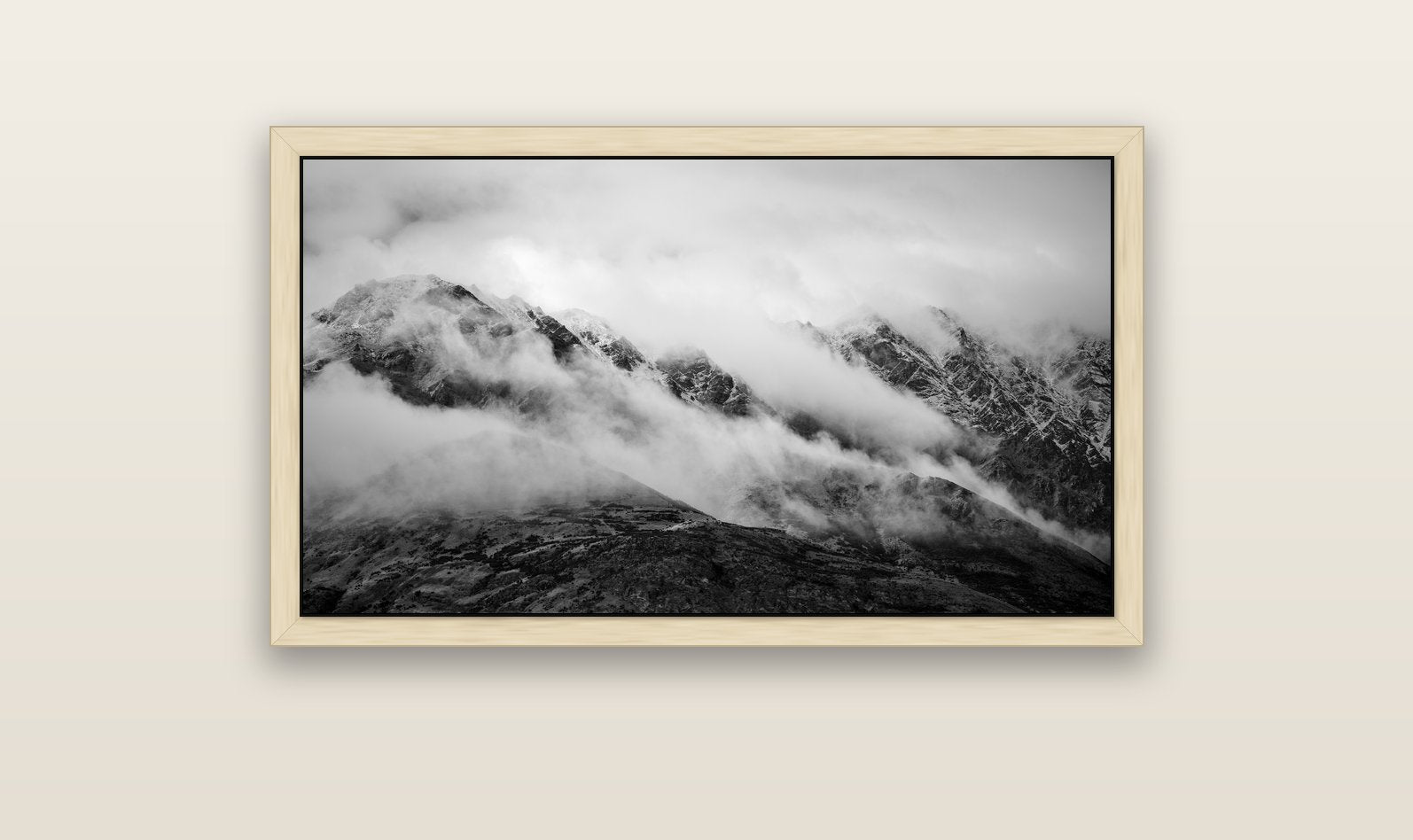 The Remarkables, Queenstown — natural float frame canvas, 102 × 56 cm. New Zealand fine art landscape wall art by Stephen Milner.